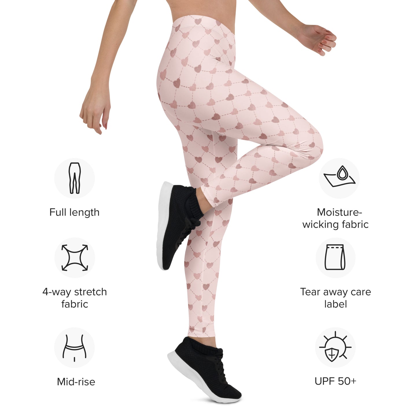 Image: Pale Pink Leggings with dainty heart accents. Available in sizes for toddler girls, teens, tweens and women. Perfect for Valentines day, or any family matching activity, by jaecrece