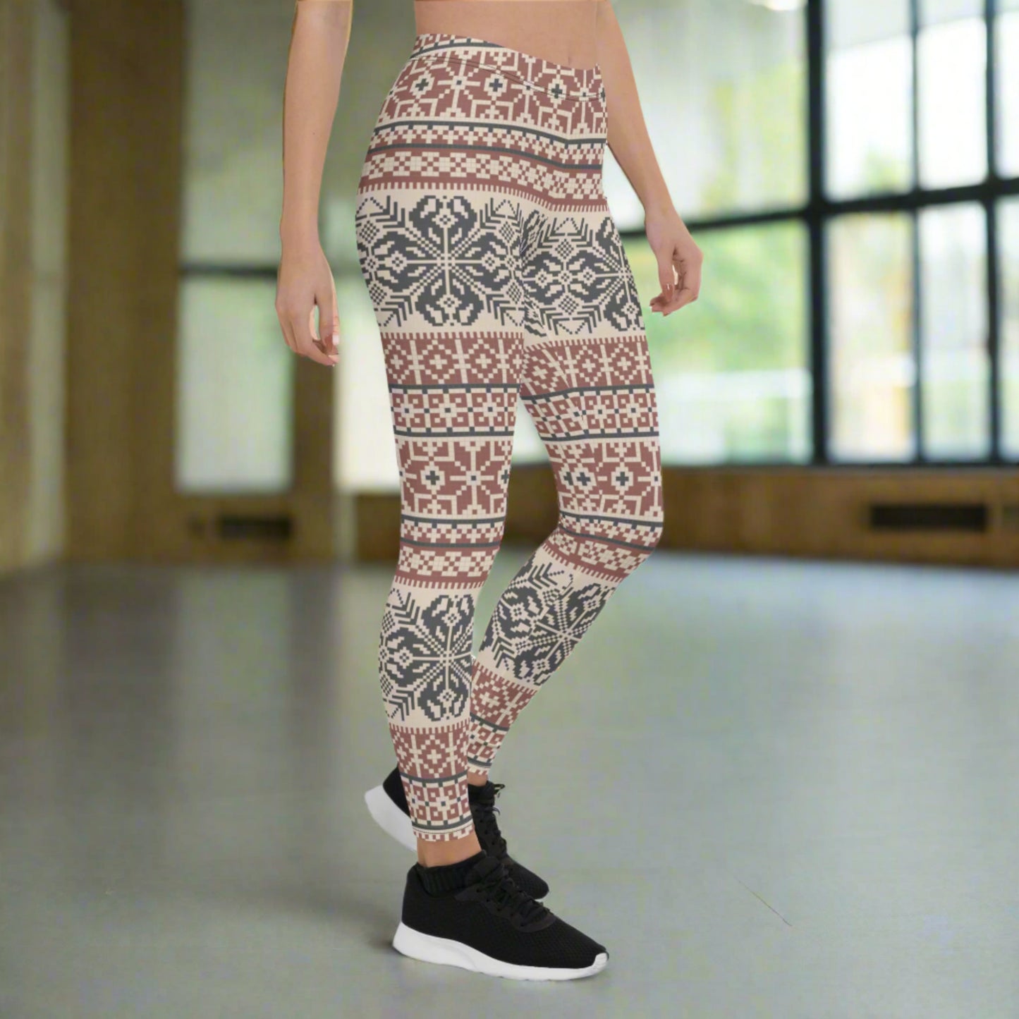 Image: Fair Isle Leggings with a Nordic Snowflake pattern in cream, maroon and navy blue. Scandi Active wear yoga pants for women, by jaecrece