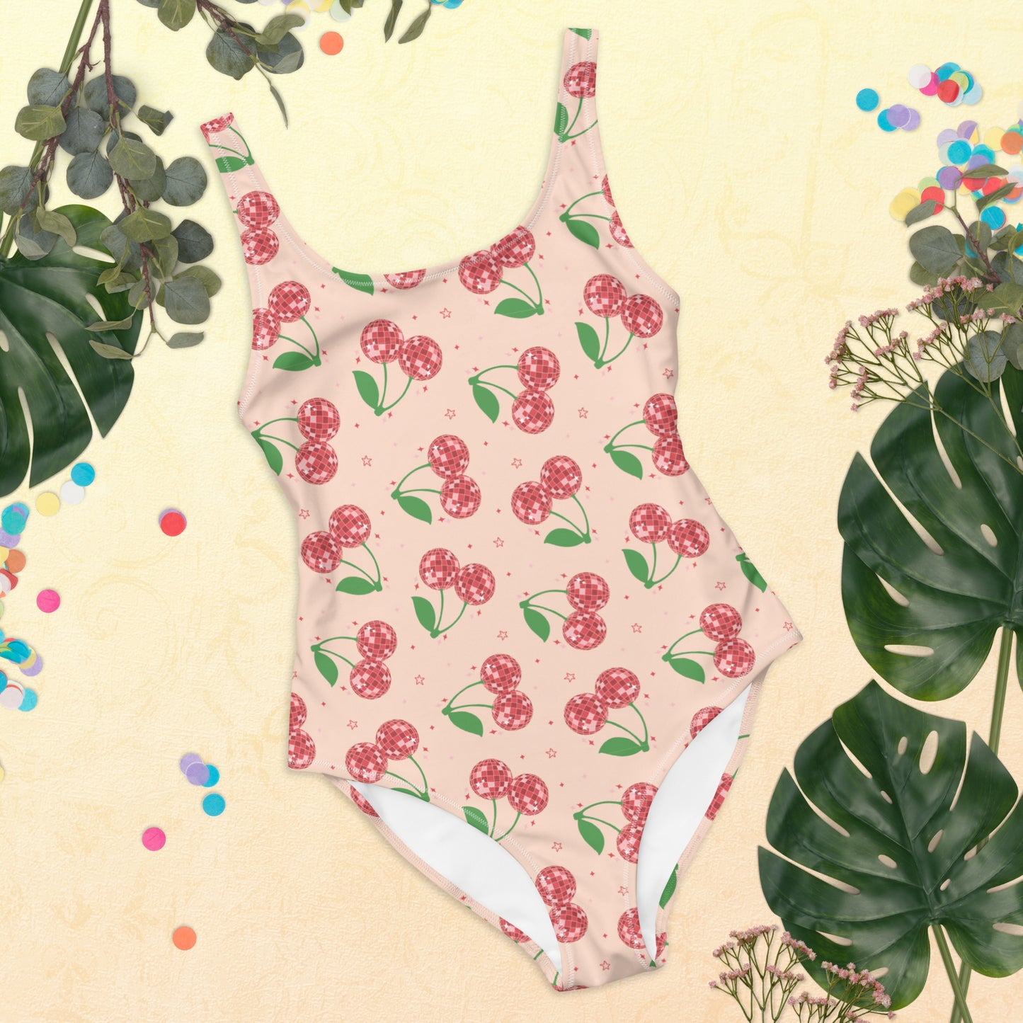 Image: Disco Cherries Women's One Piece Swimsuit, This fruit inspired swimsuit is a part of our Family Matching Swimwear Collection, and features a pink background with red disco ball cherries and stars, by jaecrece