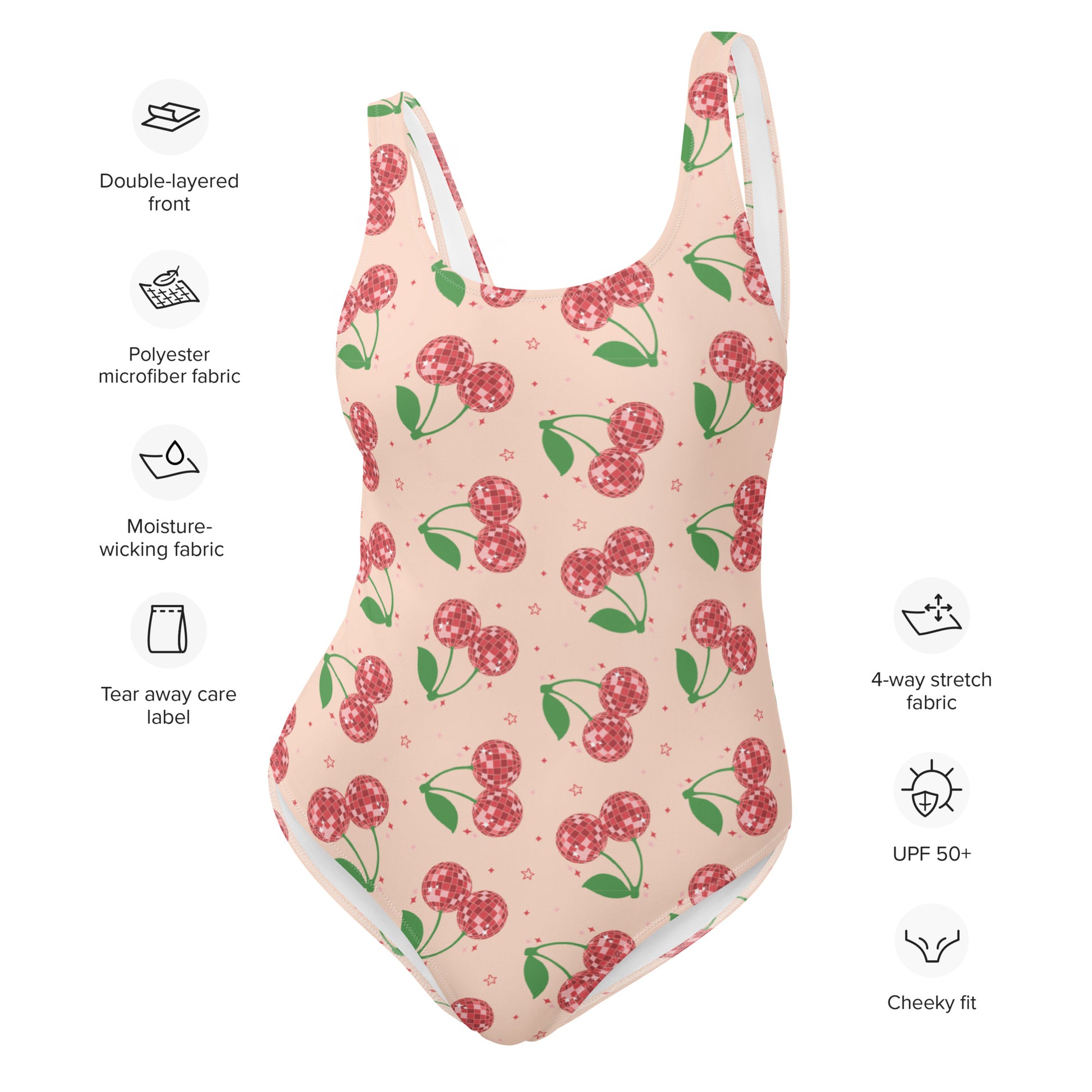 Image: Disco Cherries Women's One Piece Swimsuit, This fruit inspired swimsuit is a part of our Family Matching Swimwear Collection, and features a pink background with red disco ball cherries and stars, by jaecrece