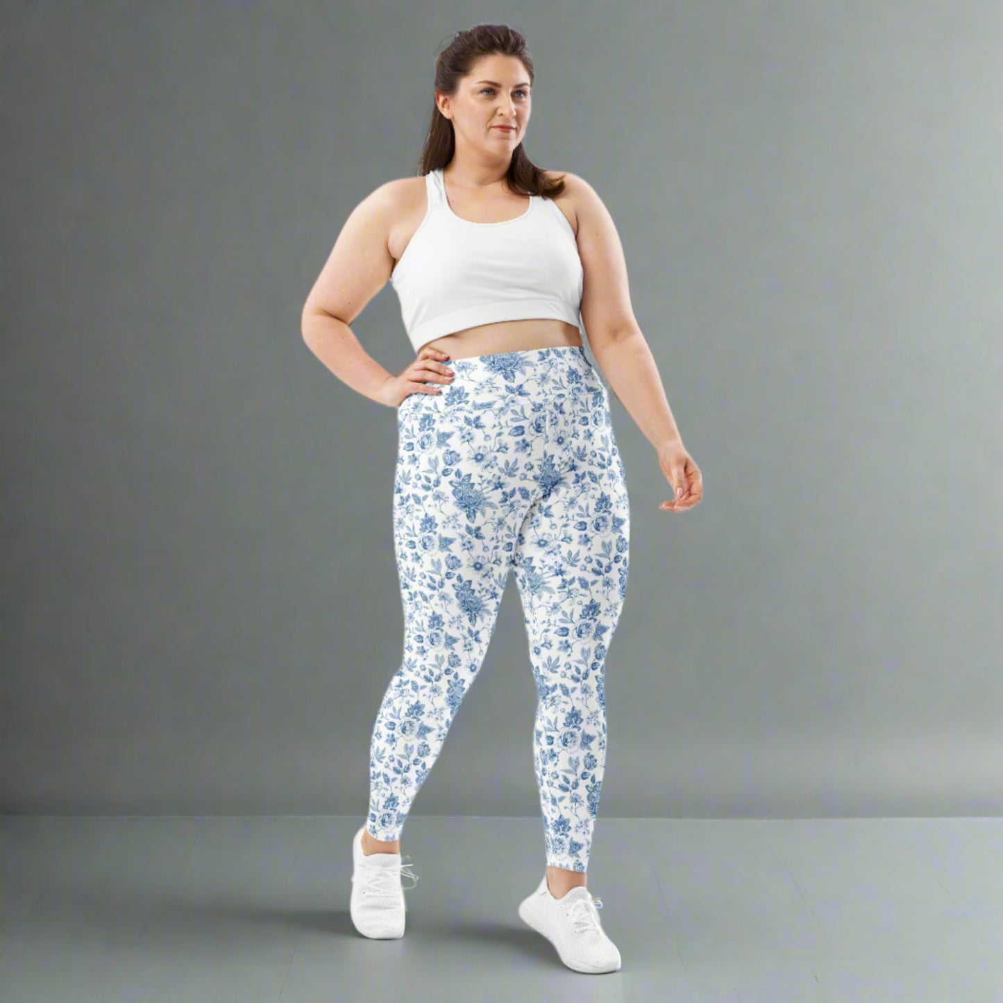 These plus size yoga leggings feature a gorgeous blue toile floral pattern and are crafted for comfort, stretch, and style in sizes 2XL–6XL. With moisture-wicking, four-way stretch fabric and a wide waistband, they offer the perfect fit for lounging, running errands, or gentle workouts. Designed to match toddler and women’s leggings for a full family look.