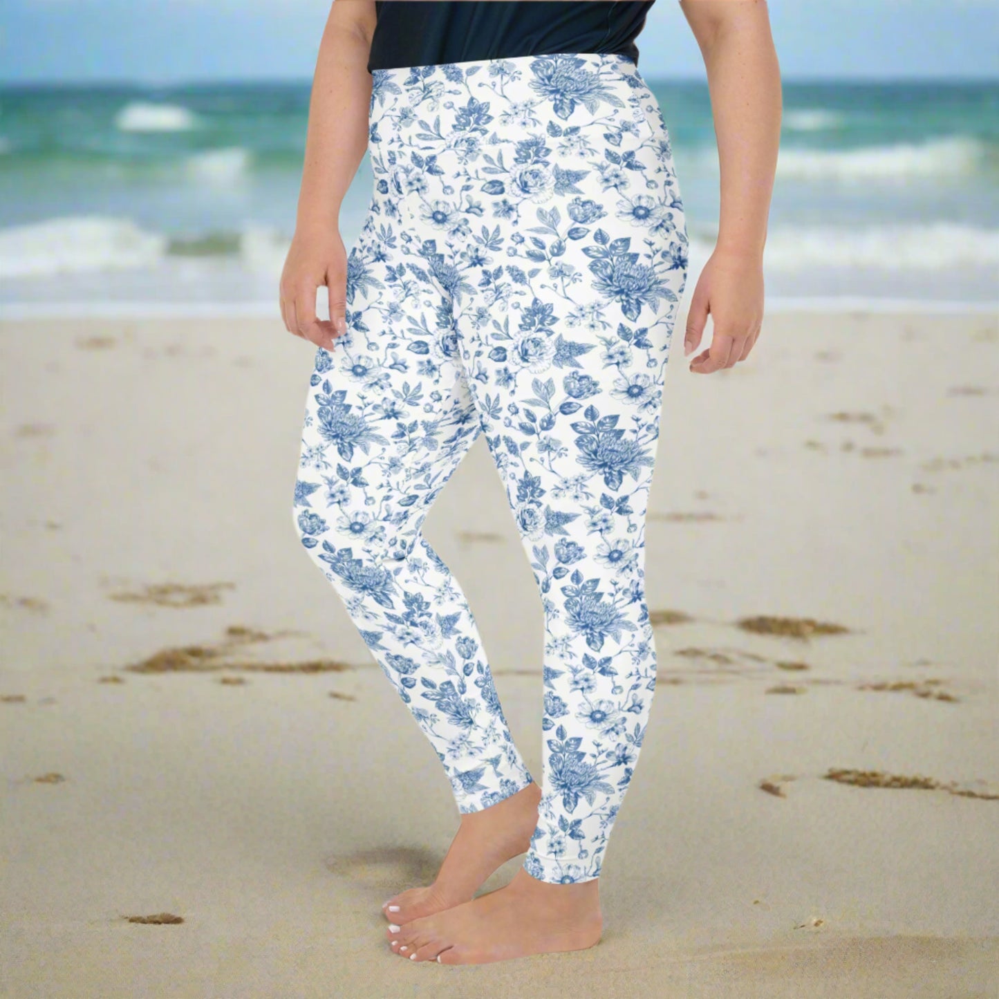 Step into comfort and timeless style with these blue toile high-waisted leggings for plus size women. Featuring soft, stretchy fabric and a supportive waistband, these leggings (sizes 2XL–6XL) are ideal for activewear or cozy days at home. With a classic chinoiserie floral print, they also match toddler and standard women’s sizes for the cutest mommy and me outfits.