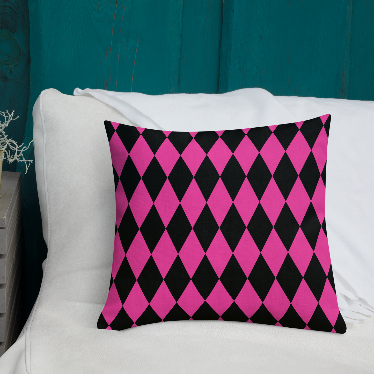 Ghost Face Pink Throw Pillow- this pillow is bright pink with ghost face on the front and has  black & bright pink diamond pattern on the back. Cute Halloween Accent Pillow, Pink Ghost Spooky Vibes, House Decoration, Haunted Mansion Decor, Fall Girly