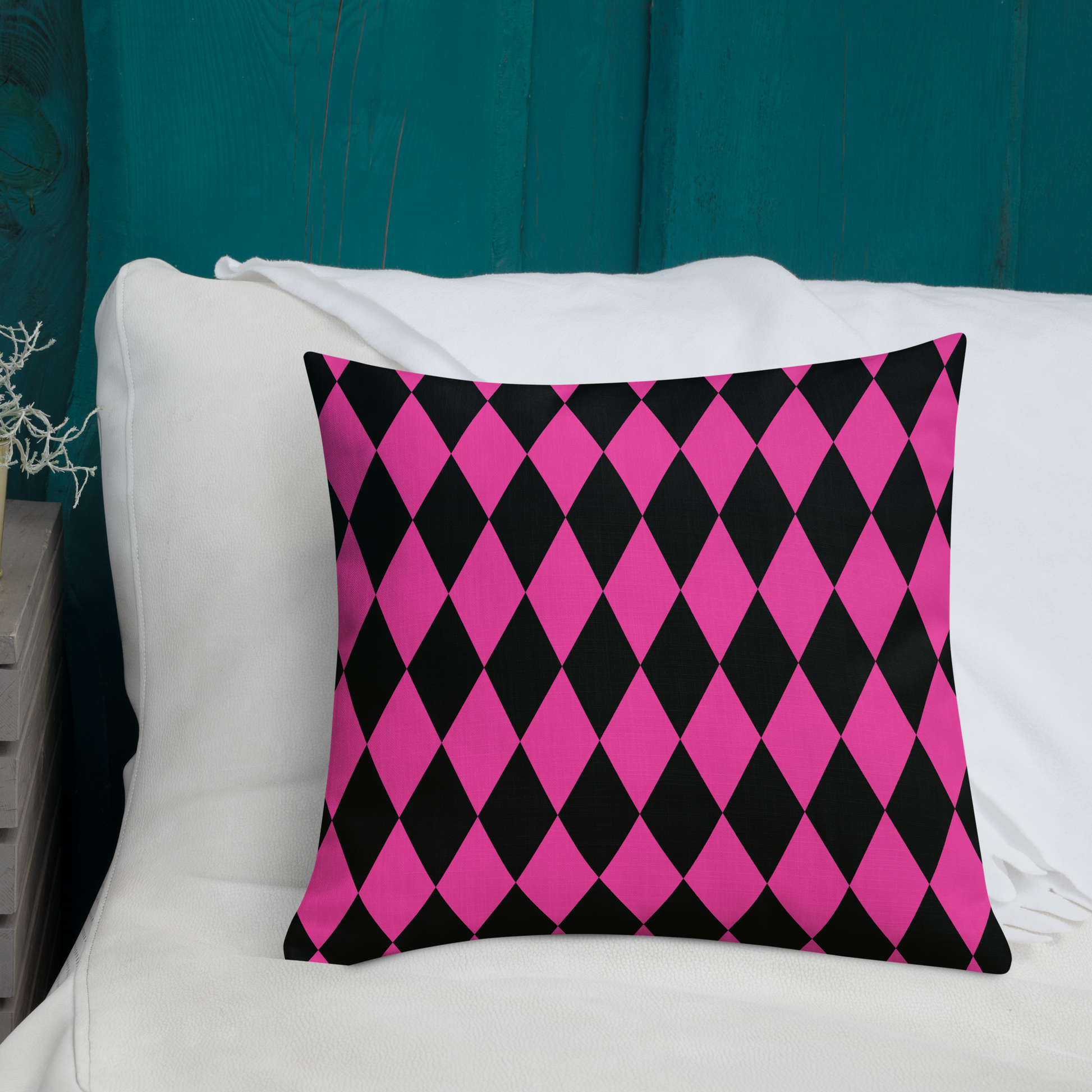 Ghost Face Pink Throw Pillow- this pillow is bright pink with ghost face on the front and has  black & bright pink diamond pattern on the back. Cute Halloween Accent Pillow, Pink Ghost Spooky Vibes, House Decoration, Haunted Mansion Decor, Fall Girly