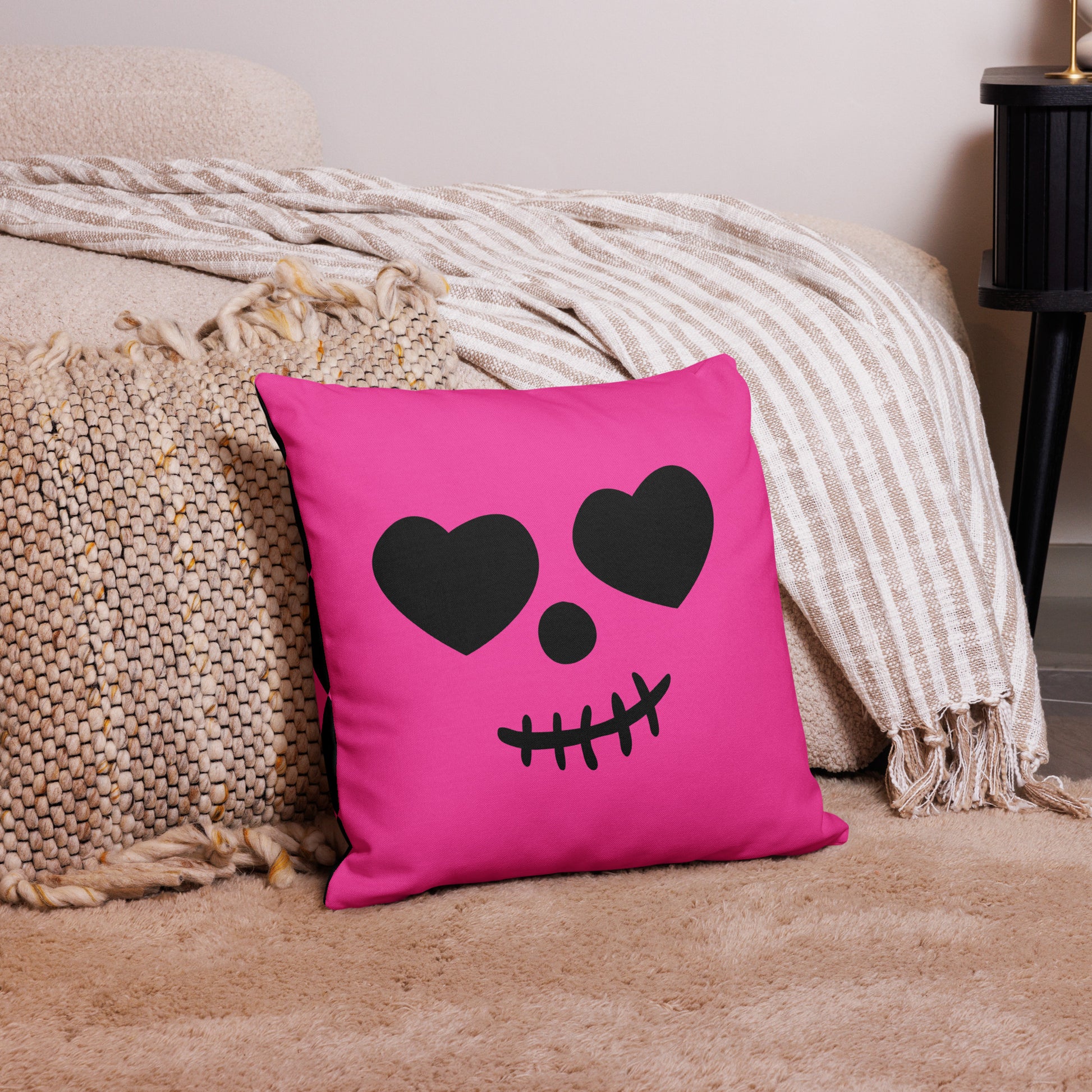 Ghost Face Pink Throw Pillow- this pillow is bright pink with ghost face on the front and has  black & bright pink diamond pattern on the back. Cute Halloween Accent Pillow, Pink Ghost Spooky Vibes, House Decoration, Haunted Mansion Decor, Fall Girly