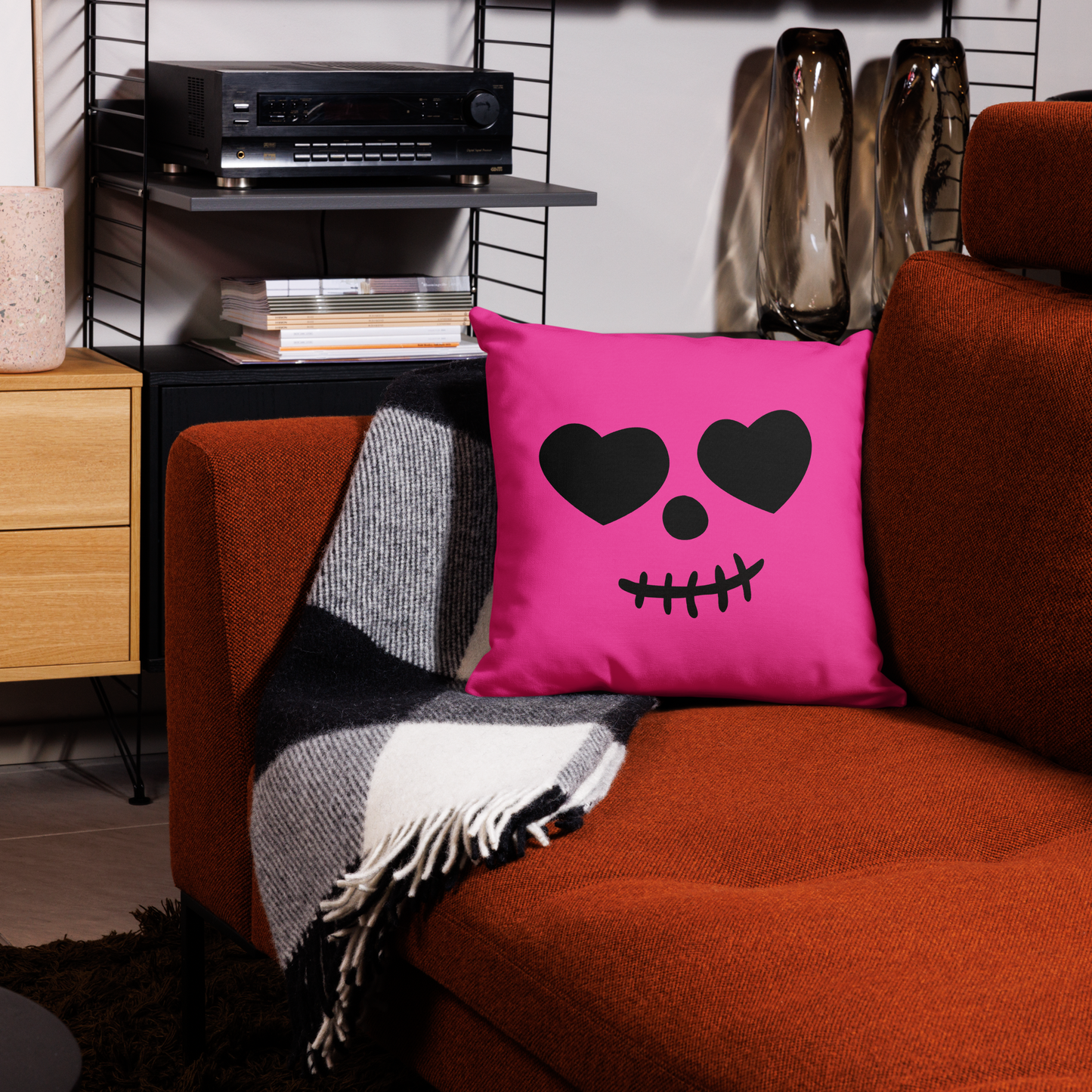 Ghost Face Pink Throw Pillow- this pillow is bright pink with ghost face on the front and has  black & bright pink diamond pattern on the back. Cute Halloween Accent Pillow, Pink Ghost Spooky Vibes, House Decoration, Haunted Mansion Decor, Fall Girly