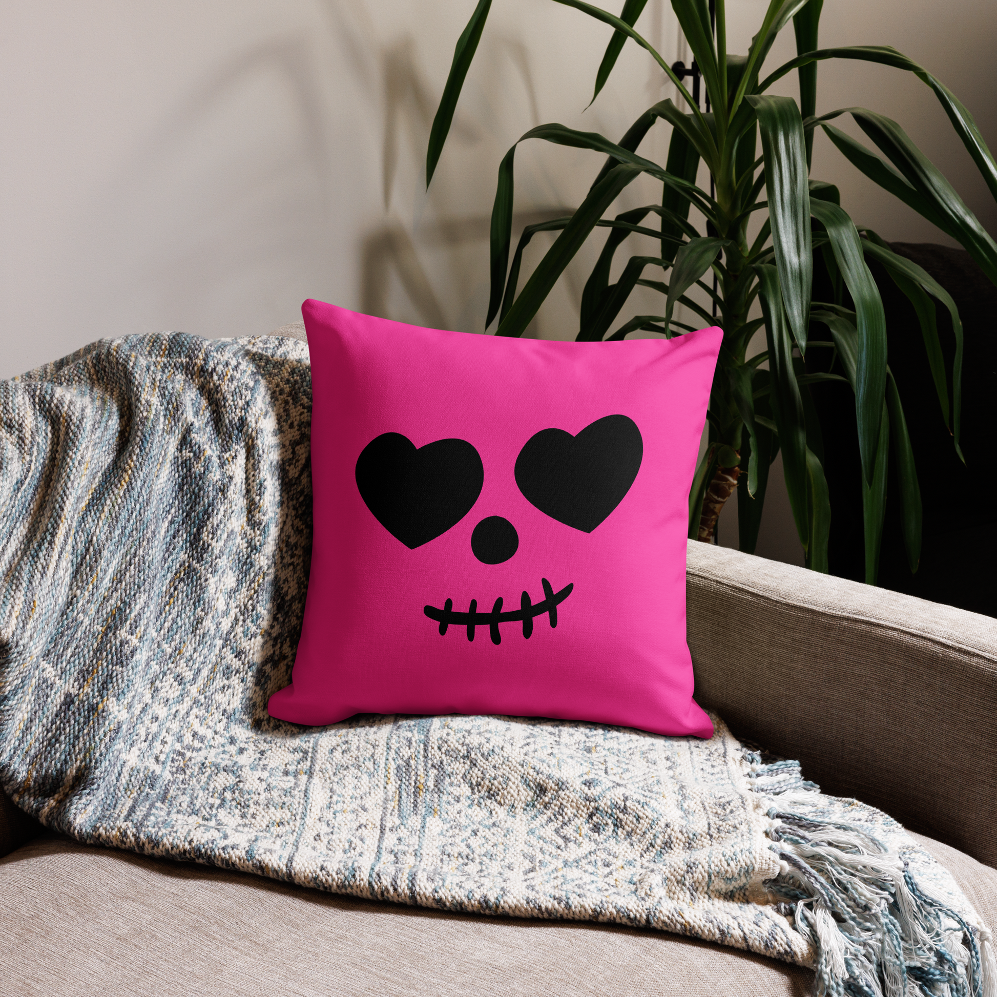 Ghost Face Pink Throw Pillow- this pillow is bright pink with ghost face on the front and has  black & bright pink diamond pattern on the back. Cute Halloween Accent Pillow, Pink Ghost Spooky Vibes, House Decoration, Haunted Mansion Decor, Fall Girly