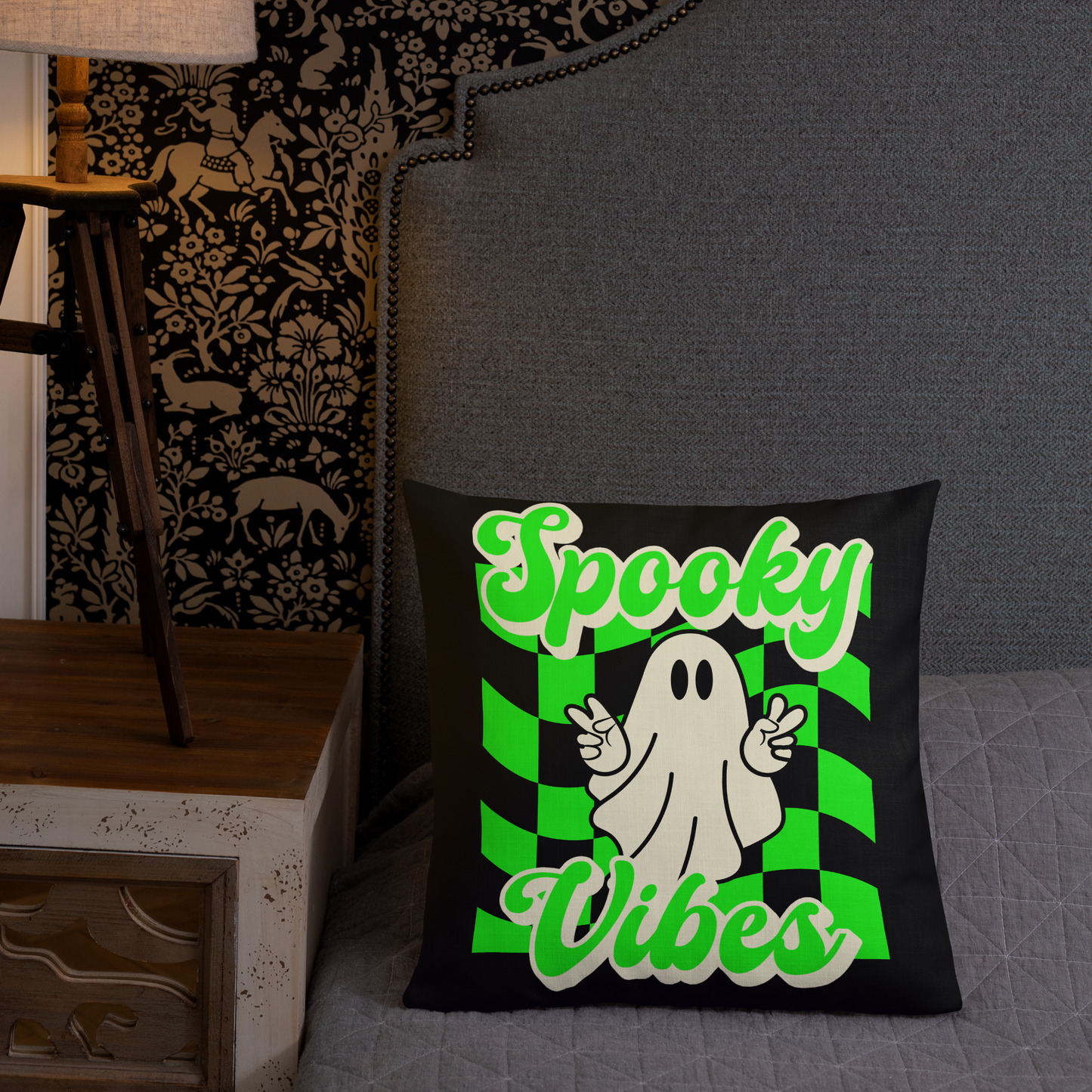 Plush black Halloween pillow featuring a bright green checkerboard and playful ghost peace sign. Perfect for adding a cozy and festive touch to your home, this decorative pillow complements couches, chairs, or beds, making it a fun accent for spooky season decor, fall styling, or seasonal gifting.