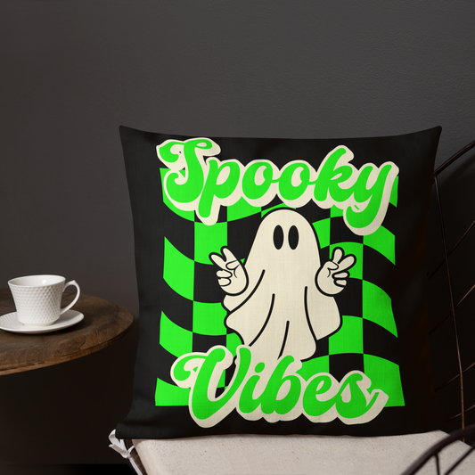 Black Spooky Vibes Halloween Throw Pillow featuring a bright green checkerboard and a cute ghost showing a peace sign. Plush and cozy, this decorative pillow is perfect for couches, beds, or chairs, adding festive Halloween charm and spooky season style to your home. Ideal for fall decor, seasonal accents, and Halloween lovers looking for playful, eye-catching home