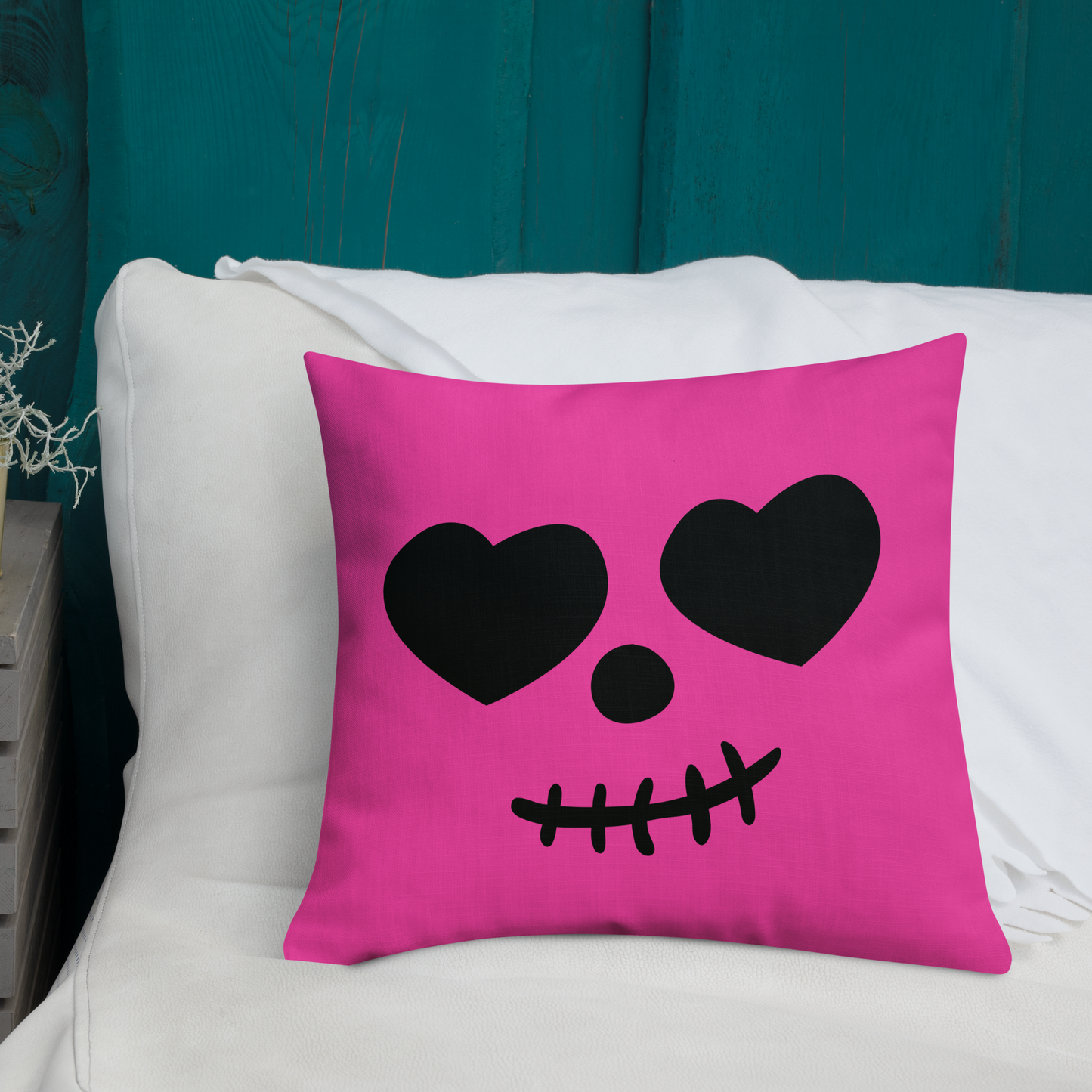 Ghost Face Pink Throw Pillow- this pillow is bright pink with ghost face on the front and has  black & bright pink diamond pattern on the back. Cute Halloween Accent Pillow, Pink Ghost Spooky Vibes, House Decoration, Haunted Mansion Decor, Fall Girly