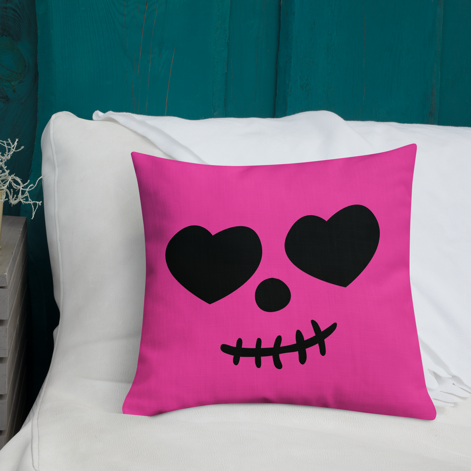 Ghost Face Pink Throw Pillow- this pillow is bright pink with ghost face on the front and has  black & bright pink diamond pattern on the back. Cute Halloween Accent Pillow, Pink Ghost Spooky Vibes, House Decoration, Haunted Mansion Decor, Fall Girly