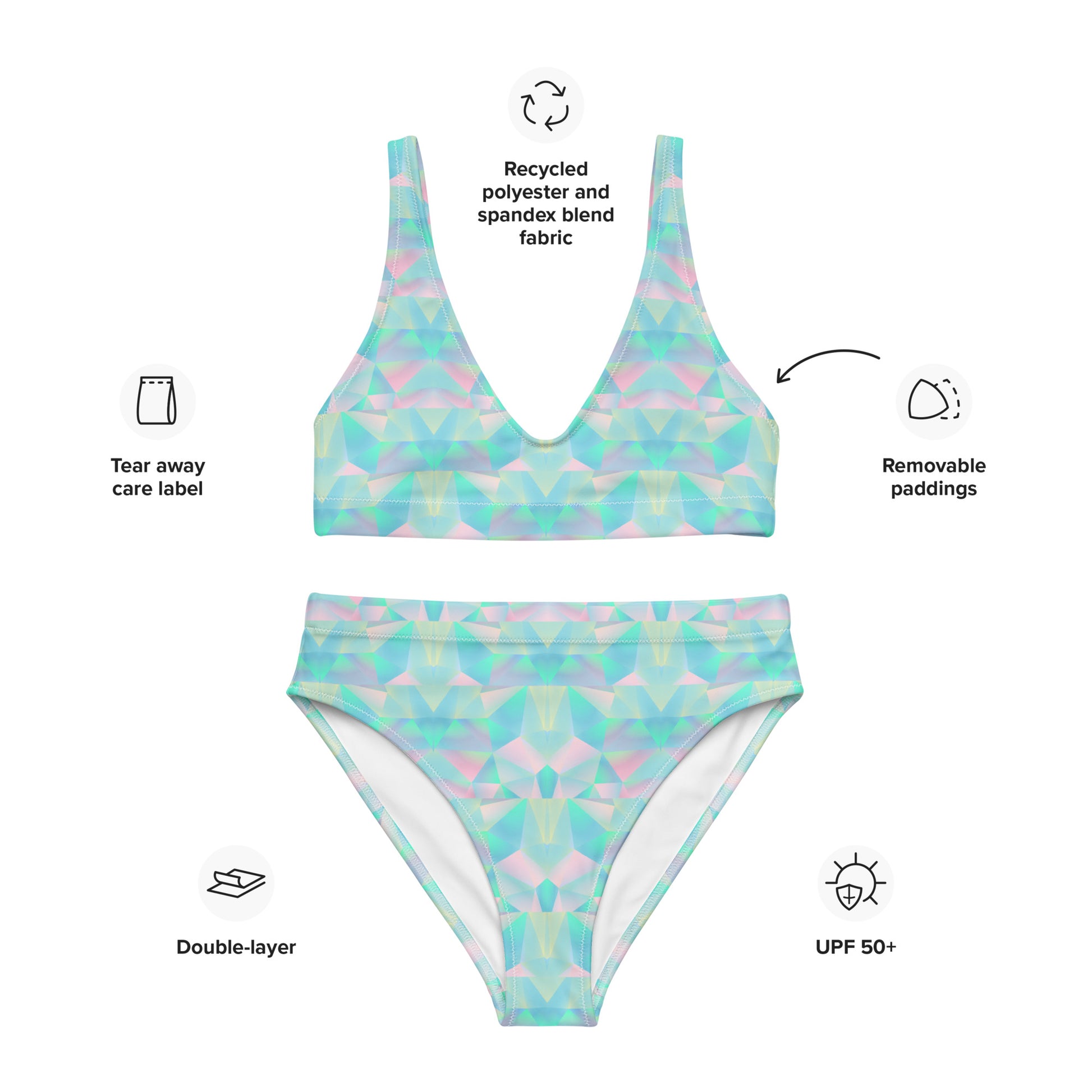 Image: A striking two piece bikini with a high-waisted fit and a unique pastel prism print in shades of teal, blue, and pink. The geometric design adds a playful yet sophisticated touch, while the recycled fabric offers an environmentally friendly swimwear option. Whether relaxing on the beach or enjoying a summer getaway, this swimsuit is designed to turn heads while being kind to the planet, by jaecrece.