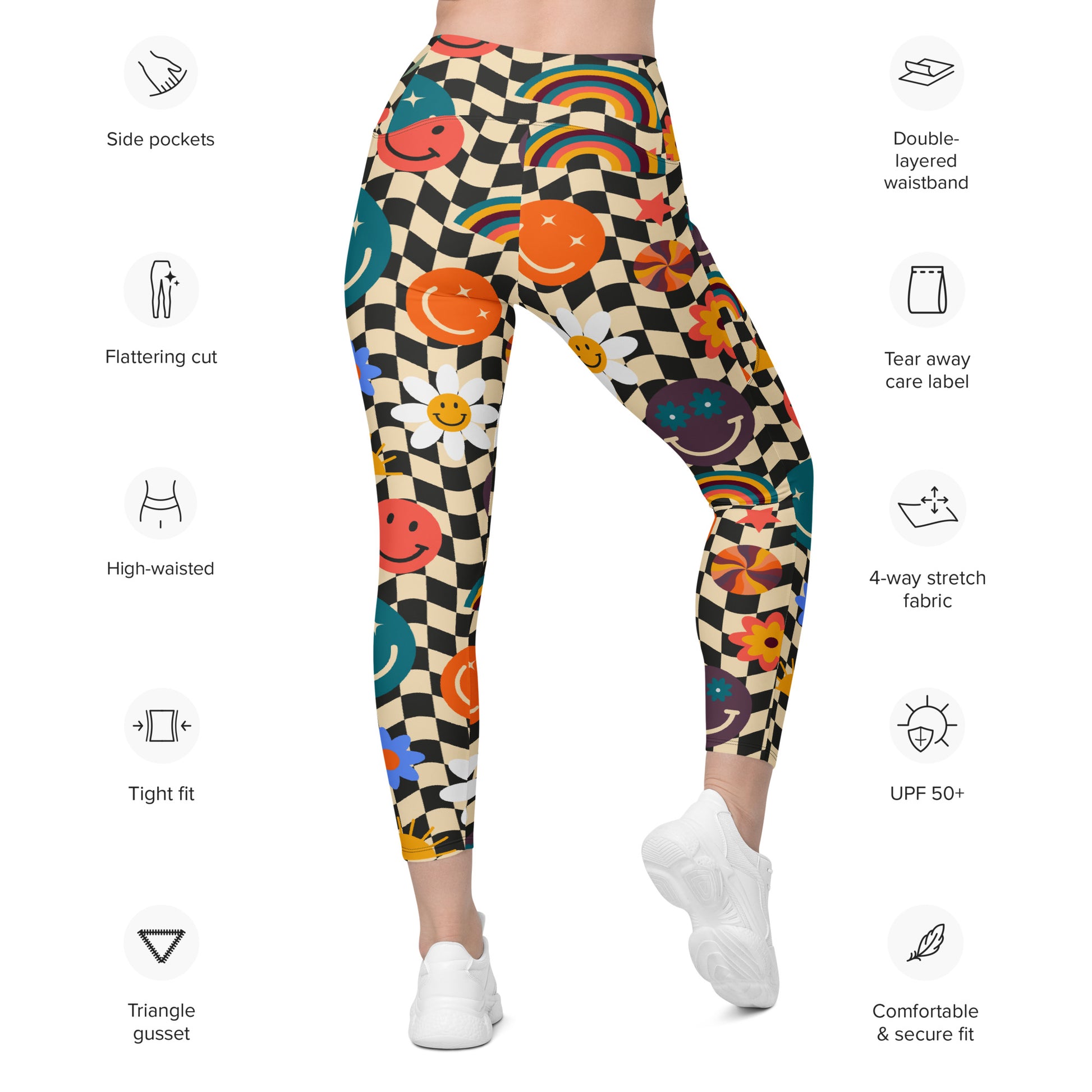 Smiley Face Checkerboard Adult Leggings. These cute retro leggings feature a black and khaki checkerboard background, with smiley face, rainbow and daisy graphics. In adult ladies sizes. by jaecrece.com - jaecrece