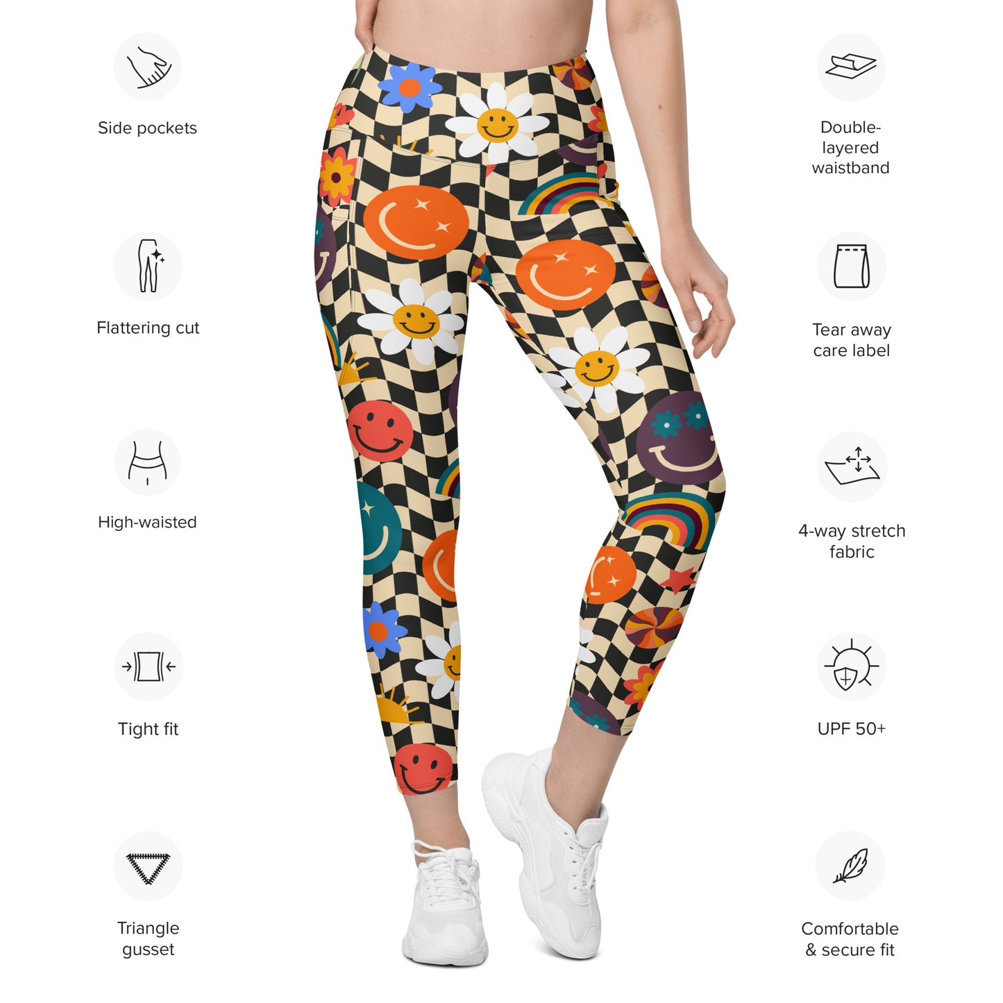 Smiley Face Checkerboard Adult Leggings. These cute retro leggings feature a black and khaki checkerboard background, with smiley face, rainbow and daisy graphics. In adult ladies sizes. by jaecrece.com - jaecrece