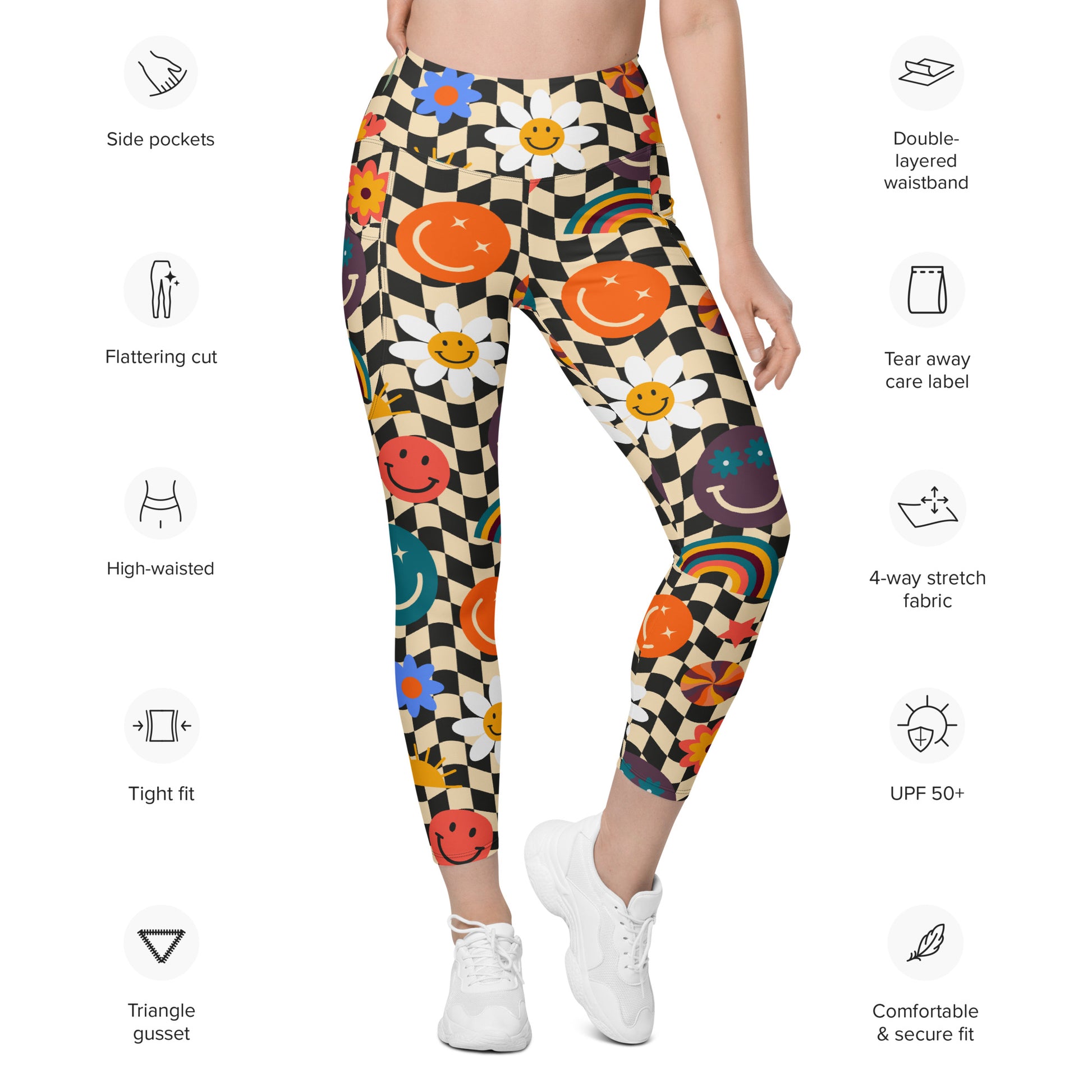Smiley Face Checkerboard Adult Leggings. These cute retro leggings feature a black and khaki checkerboard background, with smiley face, rainbow and daisy graphics. In adult ladies sizes. by jaecrece.com - jaecrece