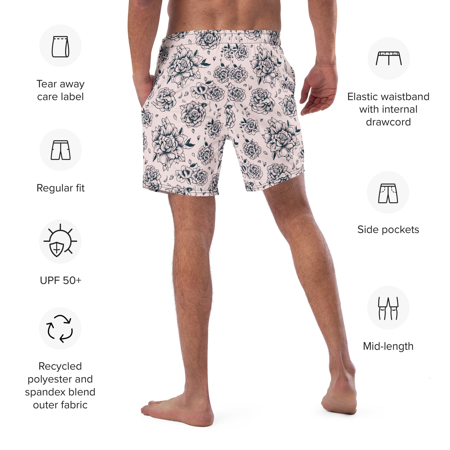 Pink Tattoo Roses Men's Swim Trunks