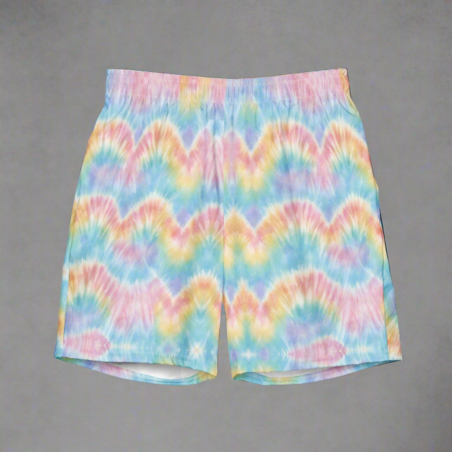 pastel tie dye recycled mens swim trunks, by jaecrece.com