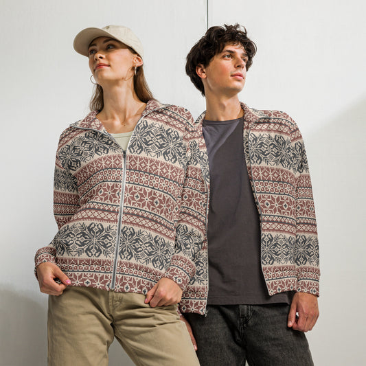 Image: Fair Isle Unisex Lightweight Track Jacket- a lightweight fleece lined active wear coat with a burgundy and navy traditional Nordic snowflake pattern, by jaecrece