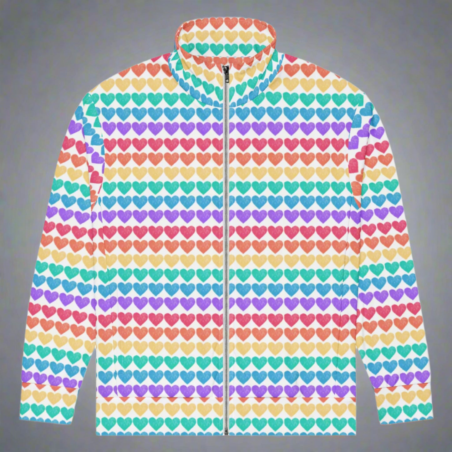 Image: Rainbow Hearts Unisex Track Jacket. This lightweight athletic coat has rows of hearts in the color of the rainbow. Rainbow hearts meet comfort in this unisex adult track jacket, available in 2XS–6XL. Made with a white base and colorful heart rows, this jacket is perfect for LGBTQ+ events, colorful spring styling, or bold fashion lovers. It’s also great for twinning with family or friends using the matching toddler and youth designs.