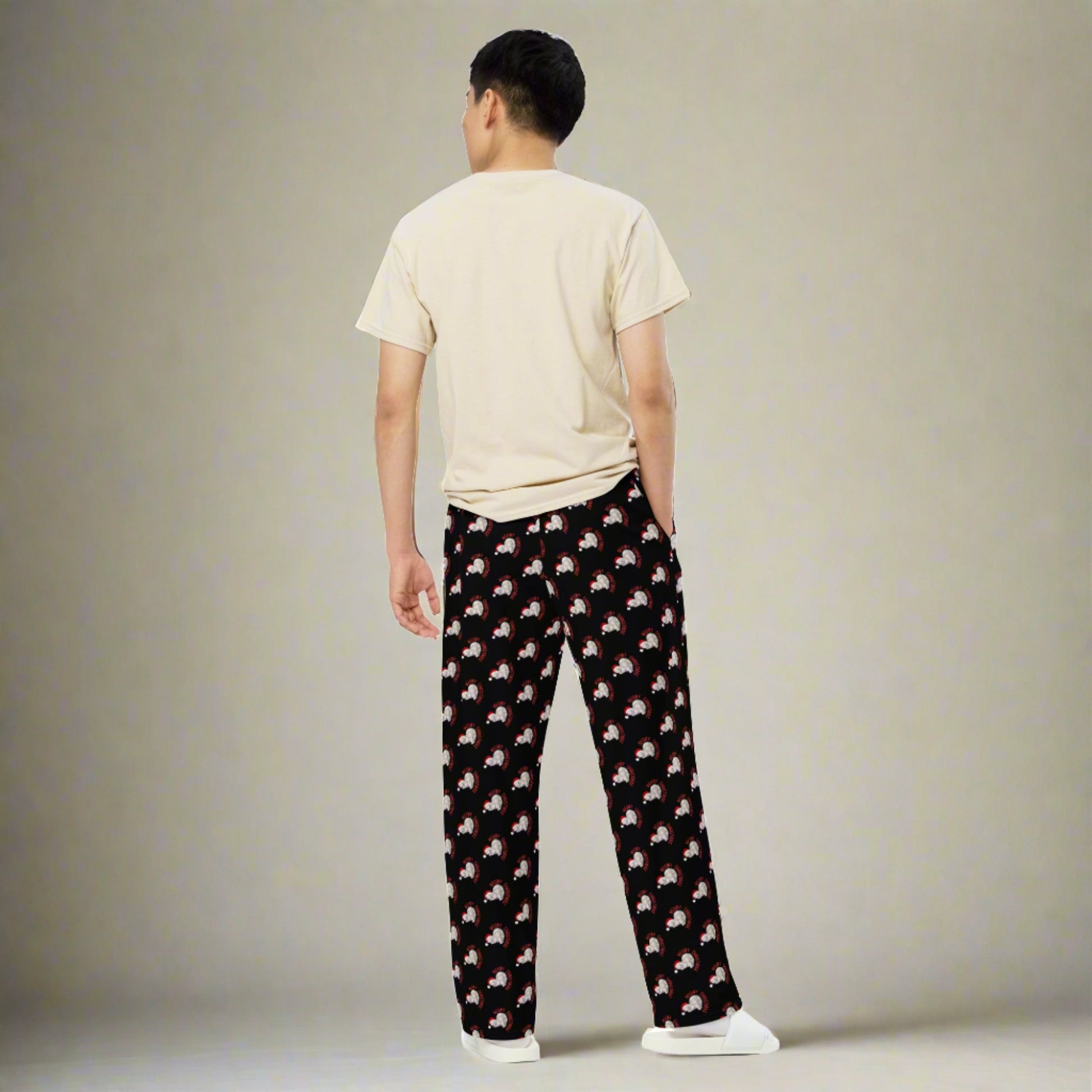Our Meowy Christmas wide leg pants for adults feature a charming black background with whimsical holiday cat graphics repeated throughout. Designed for ultimate comfort and style in sizes 2XS–6XL, these pants are great for gifting, lounging, or dressing up the whole family in a festive matching set. Celebrate the season with cozy fashion that's as playful as it is practical.