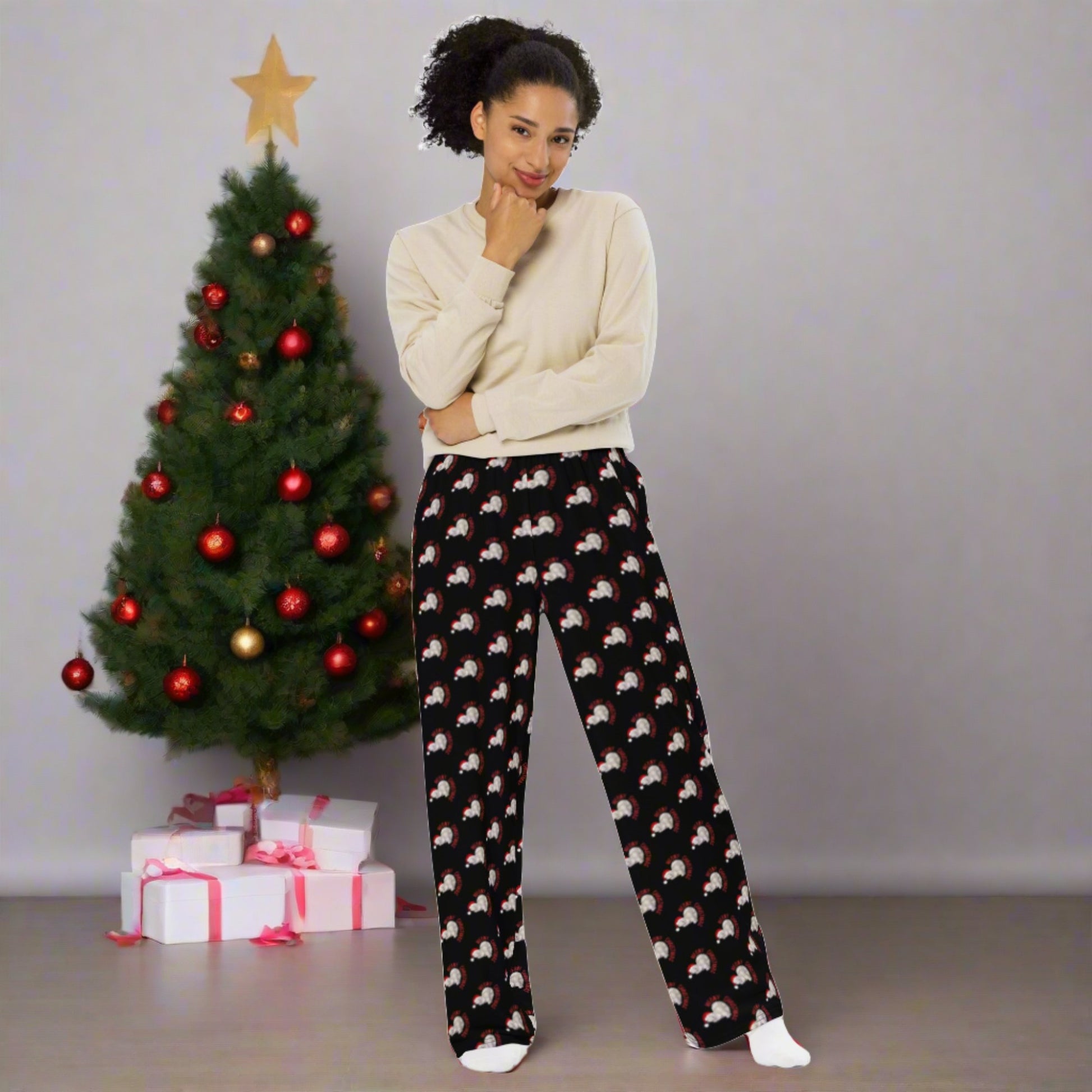 These Meowy Christmas wide leg pants for adults offer comfort, charm, and holiday cheer with their festive feline design on a sleek black background. Available in inclusive sizes 2XS–6XL, they’re ideal for matching family pajamas, cozying up with cocoa, or celebrating with fellow cat enthusiasts. Pair them with our coordinating holiday shirts or tumblers for a complete Meowy Christmas look the whole family will adore.