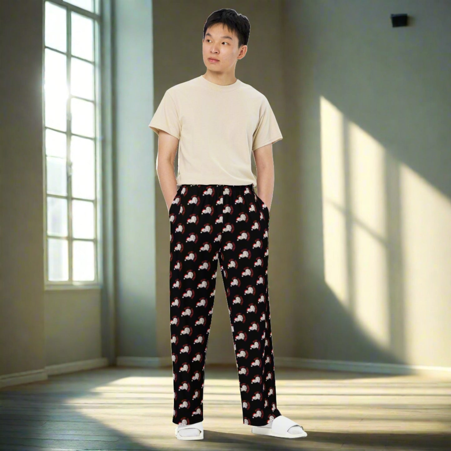 Make spirits bright with our Meowy Christmas adult wide leg pants, designed for cat lovers who love holiday cheer. The repeating Meowy Christmas graphic pops against the black background, and the relaxed fit keeps things cozy. Available in sizes 2XS–6XL and part of a full family matching collection, these pants are perfect for creating magical moments at home or gifting to your favorite festive feline fan.