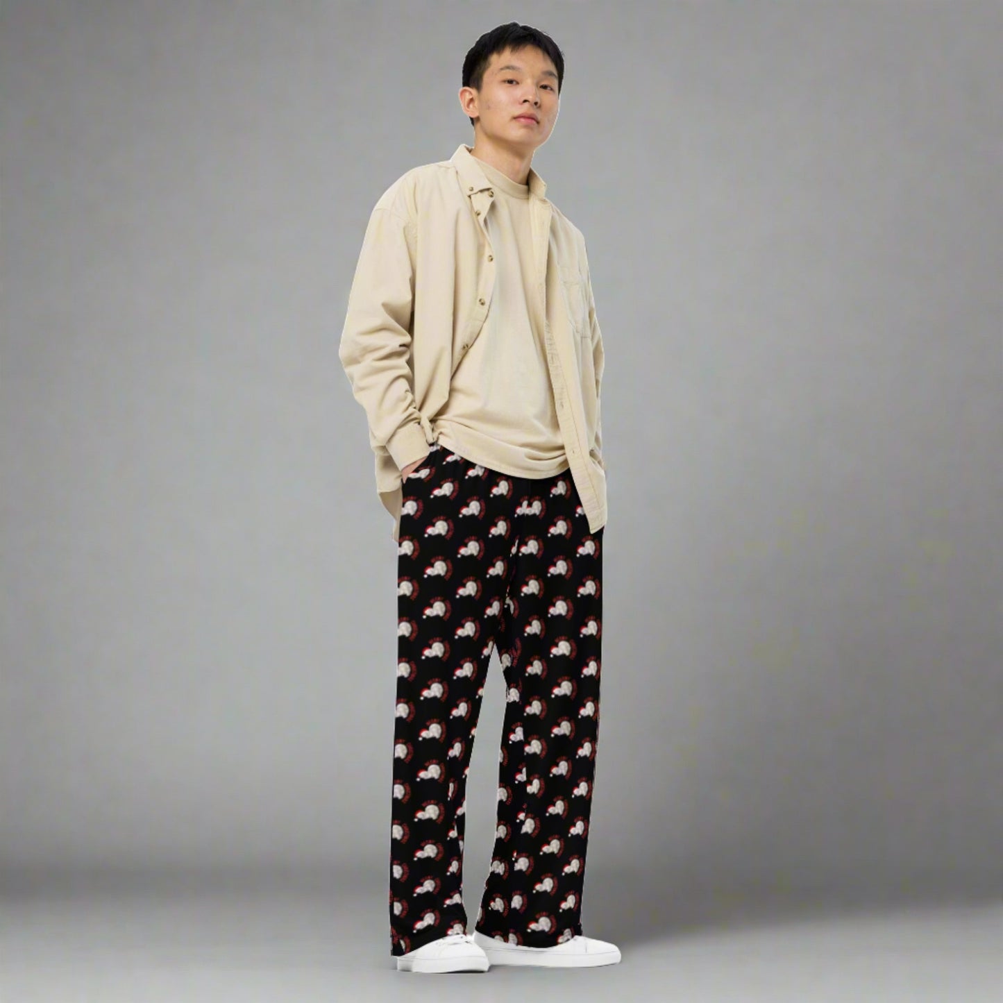 Wrap yourself in festive flair with these adult Meowy Christmas wide leg pants, made for celebrating the holidays in cozy style. Featuring a bold repeating graphic of holiday cats on a black base, these pants are available in sizes 2XS–6XL and designed for all-day comfort. Perfect for holiday movie nights, Christmas morning, or matching with your mini for a fun seasonal photoshoot.