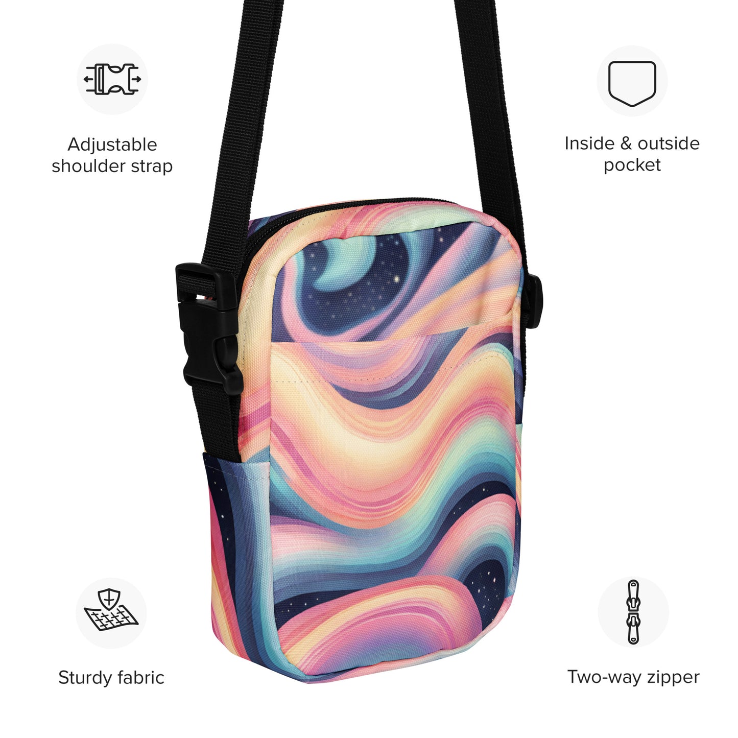 Celestial Canvas Utility Crossbody Bag, featuring pastel shades of pink and blue swirling around midnight stars, by jaecrece.com