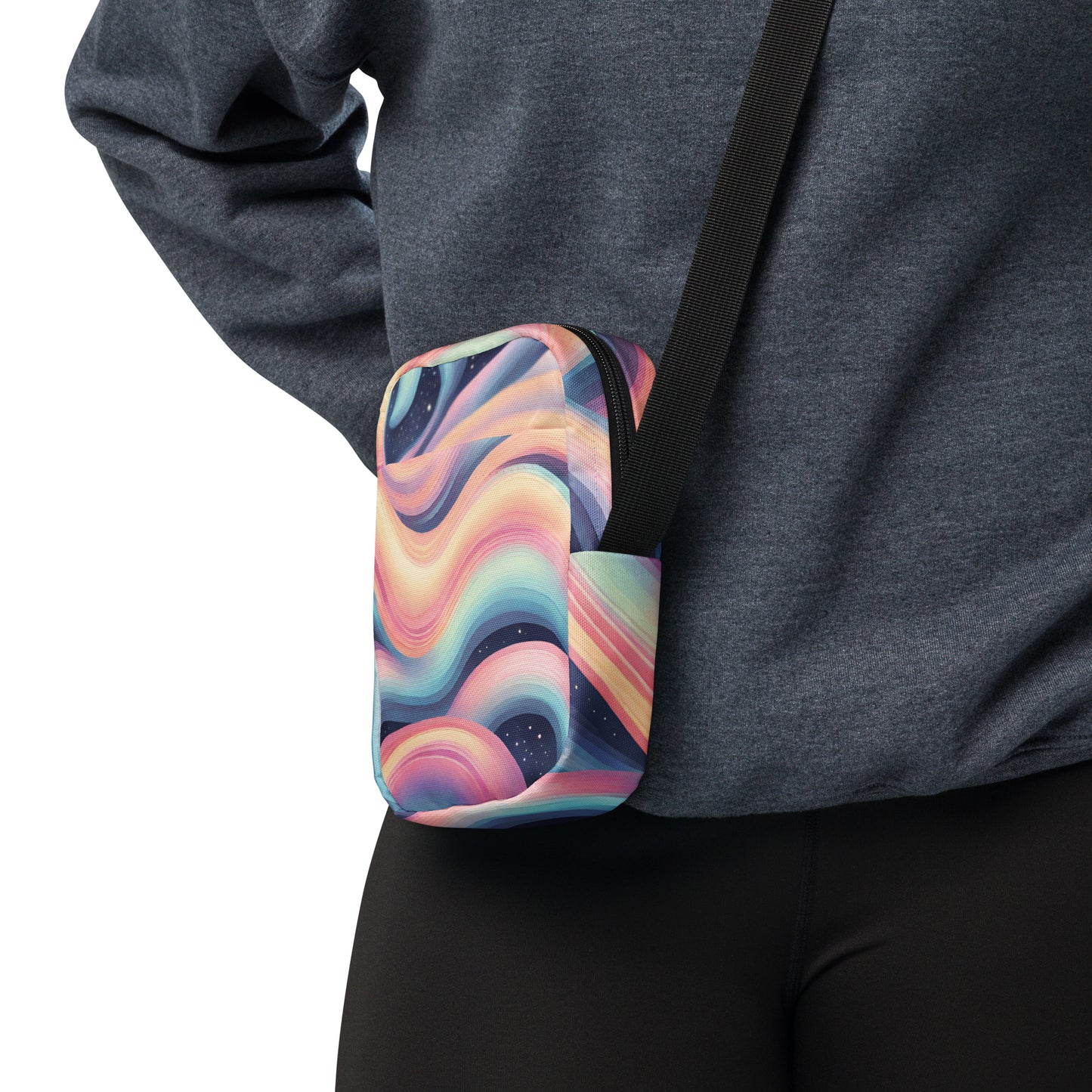 Celestial Canvas Utility Crossbody Bag, featuring pastel shades of pink and blue swirling around midnight stars, by jaecrece.com