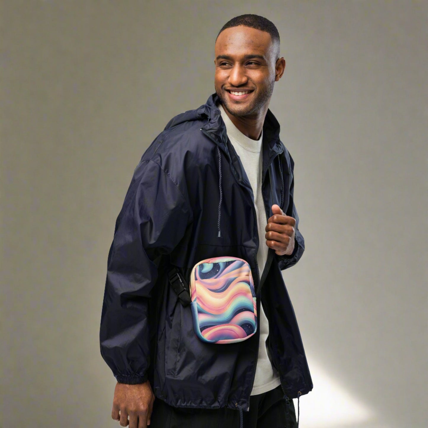 Celestial Canvas Utility Crossbody Bag, featuring pastel shades of pink and blue swirling around midnight stars, by jaecrece.com