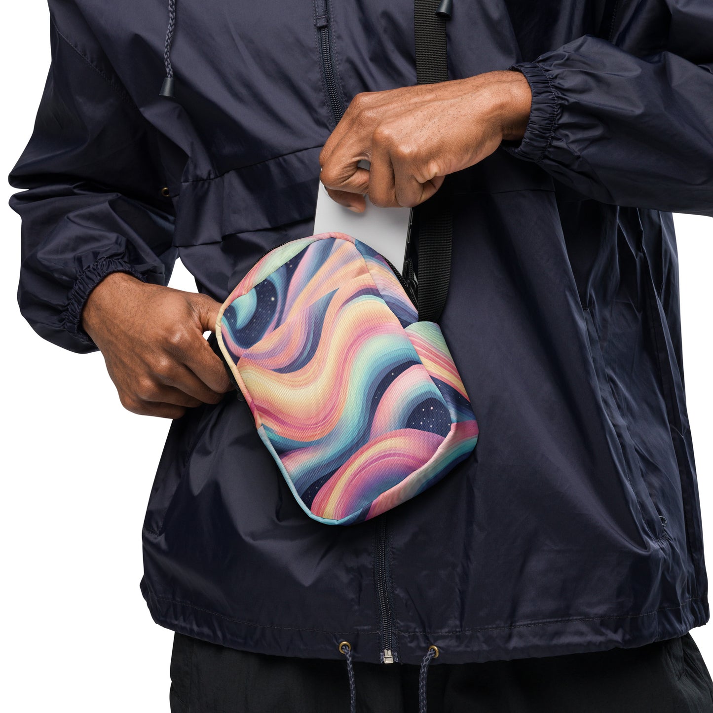 Celestial Canvas Utility Crossbody Bag, featuring pastel shades of pink and blue swirling around midnight stars, by jaecrece.com