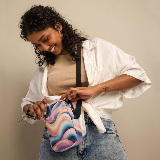 Celestial Canvas Utility Crossbody Bag, featuring pastel shades of pink and blue swirling around midnight stars, by jaecrece.com
