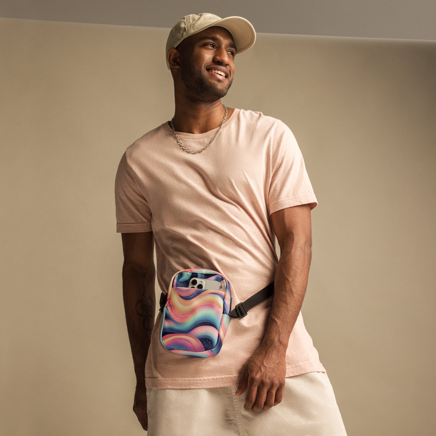 Celestial Canvas Utility Crossbody Bag, featuring pastel shades of pink and blue swirling around midnight stars, by jaecrece.com