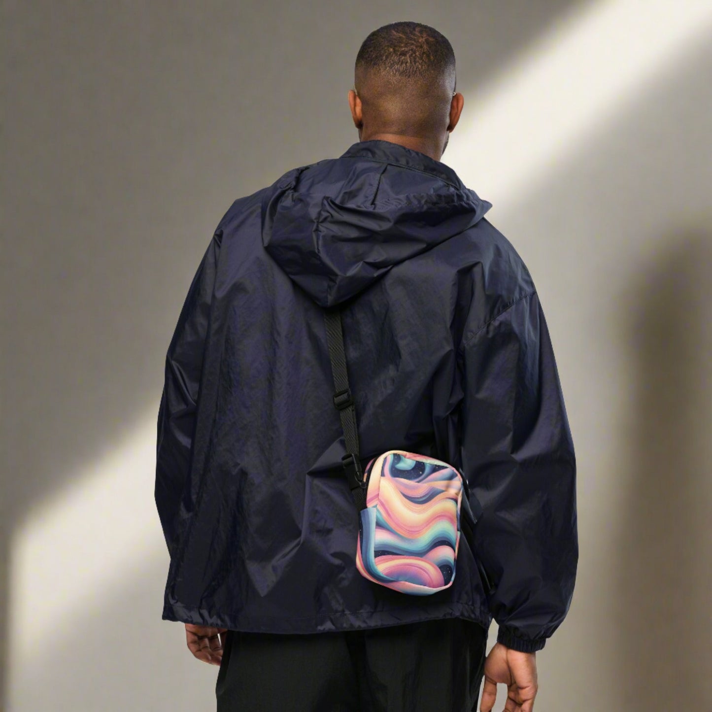 Celestial Canvas Utility Crossbody Bag, featuring pastel shades of pink and blue swirling around midnight stars, by jaecrece.com