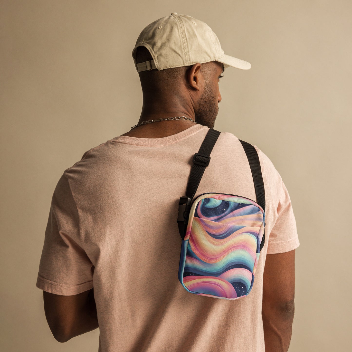 Celestial Canvas Utility Crossbody Bag, featuring pastel shades of pink and blue swirling around midnight stars, by jaecrece.com