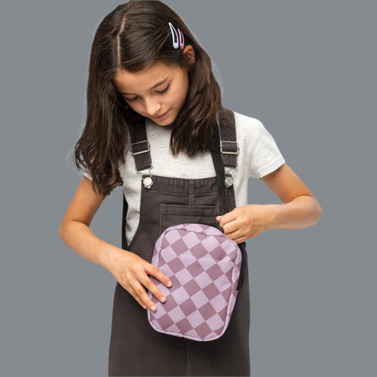 Purple Diamond Checkerboard Pattern Small Canvas Utility Crossbody Bag. The perfect small camera or phone tote bag. A great hands free option for parades, hiking, mardi gras or the amusement park. Its a great holiday gift idea for adults, kids, teens or tweens. By jaecrece
