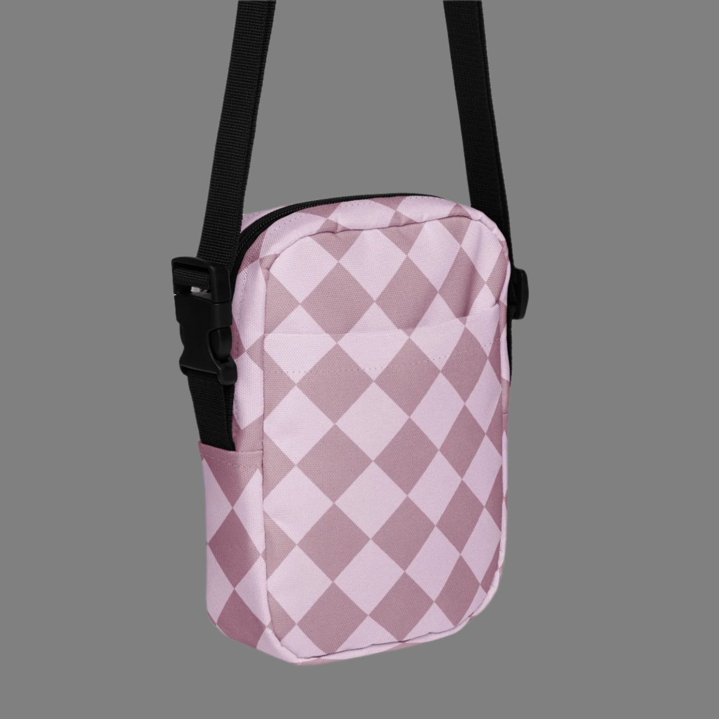 Purple Diamond Checkerboard Pattern Small Canvas Utility Crossbody Bag. The perfect small camera or phone tote bag. A great hands free option for parades, hiking, mardi gras or the amusement park. Its a great holiday gift idea for adults, kids, teens or tweens. By jaecrece