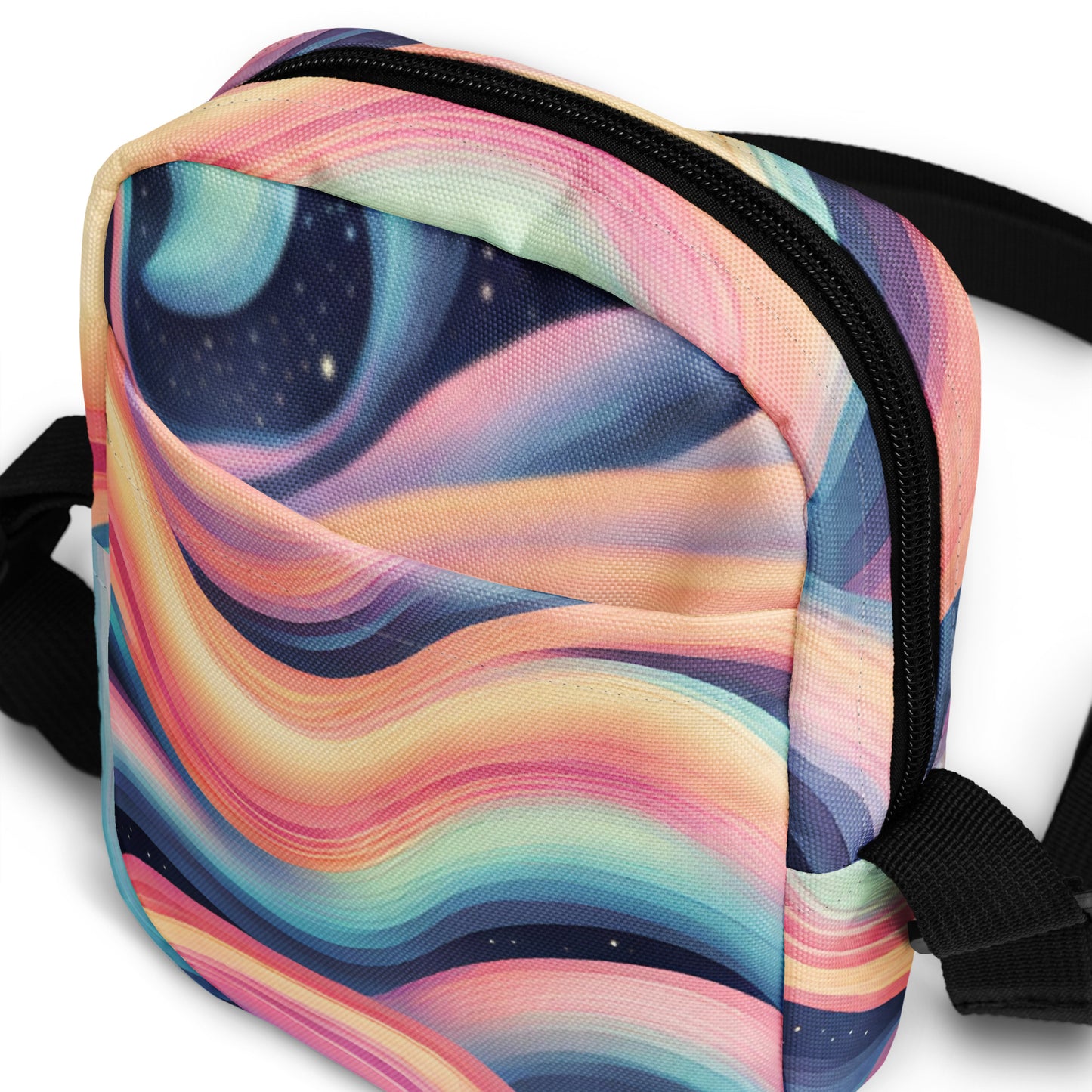 Celestial Canvas Utility Crossbody Bag, featuring pastel shades of pink and blue swirling around midnight stars, by jaecrece.com
