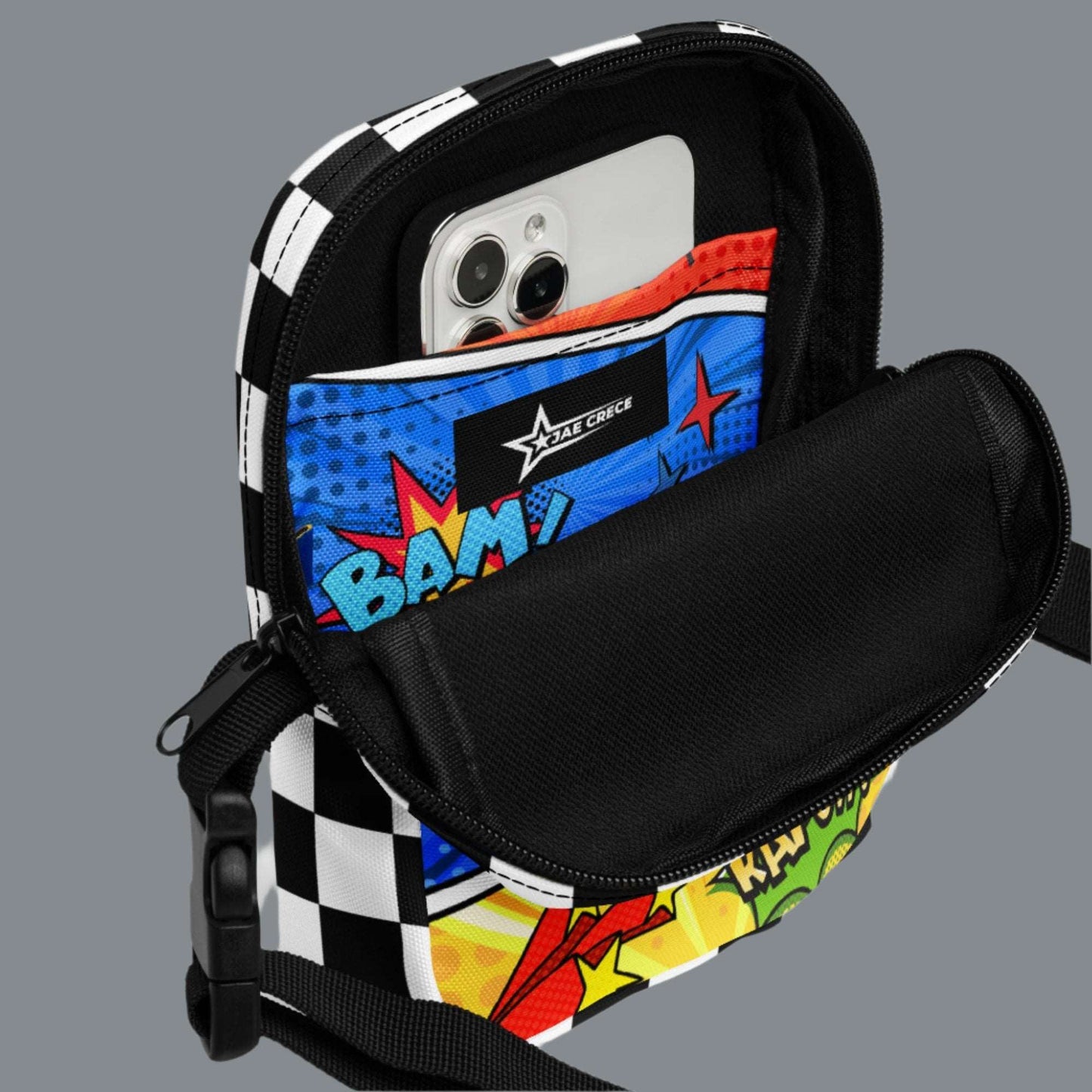 Comic Book Crossbody Bag, Comic Con Convention Small Tote, Cosplay Fanny Pack, Music Festival Sling Pouch, Waist Hip Pouch Boy Gift. This small canvas camera bag features comic book graphics in red, blue and yellow, with the words Boom Bam Kapow.