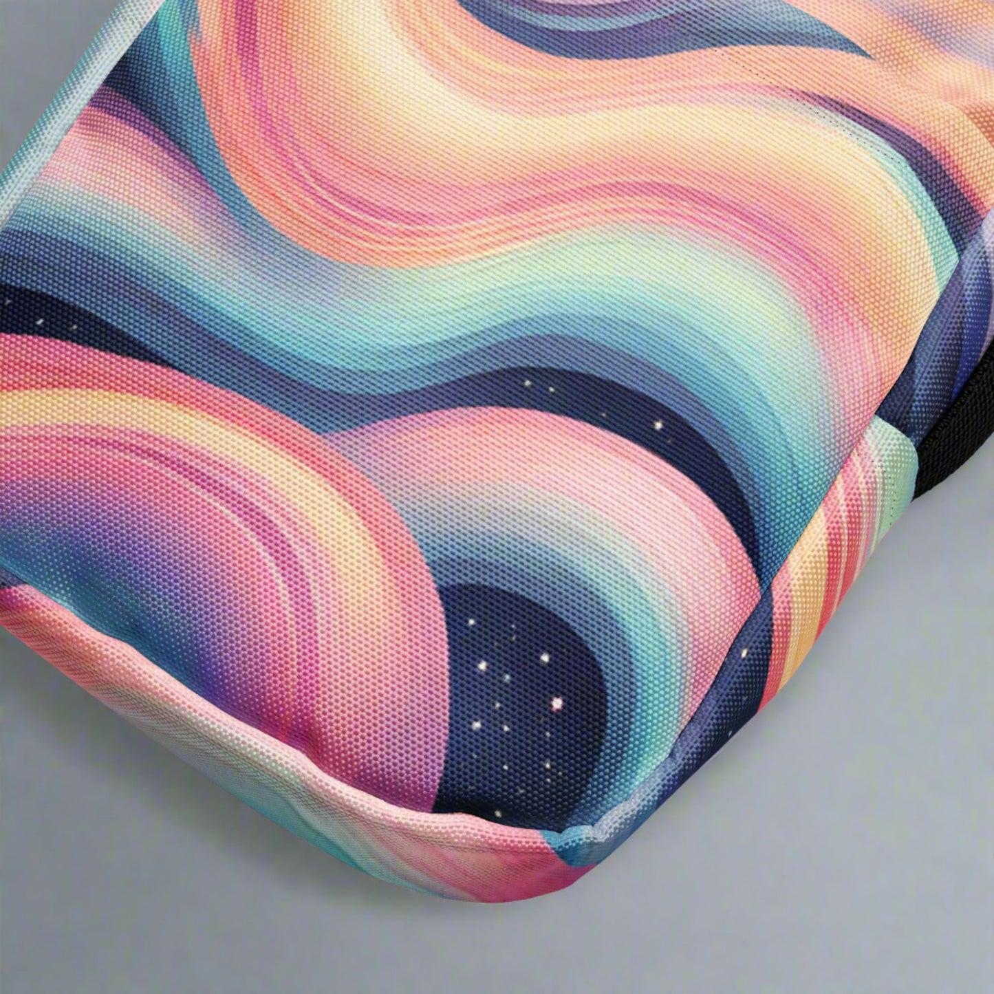 Celestial Canvas Utility Crossbody Bag, featuring pastel shades of pink and blue swirling around midnight stars, by jaecrece.com