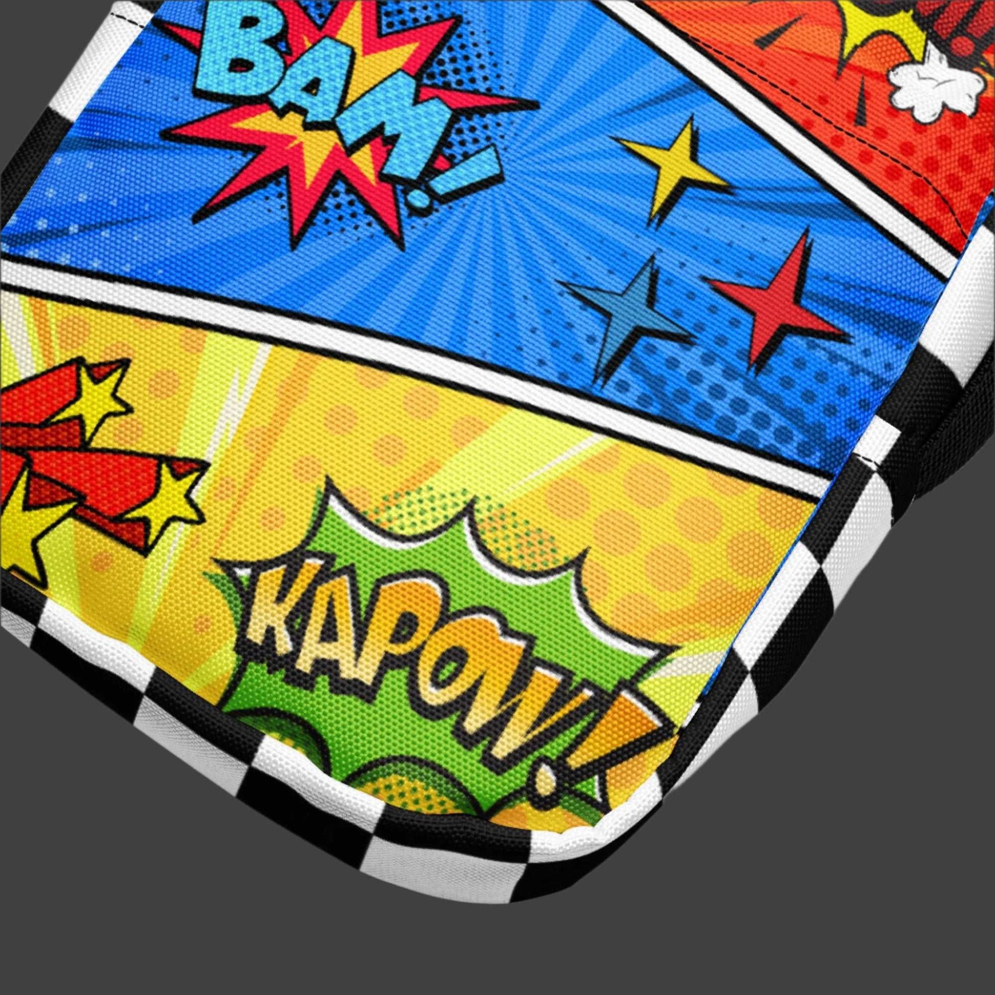 Comic Book Crossbody Bag, Comic Con Convention Small Tote, Cosplay Fanny Pack, Music Festival Sling Pouch, Waist Hip Pouch Boy Gift. This small canvas camera bag features comic book graphics in red, blue and yellow, with the words Boom Bam Kapow.