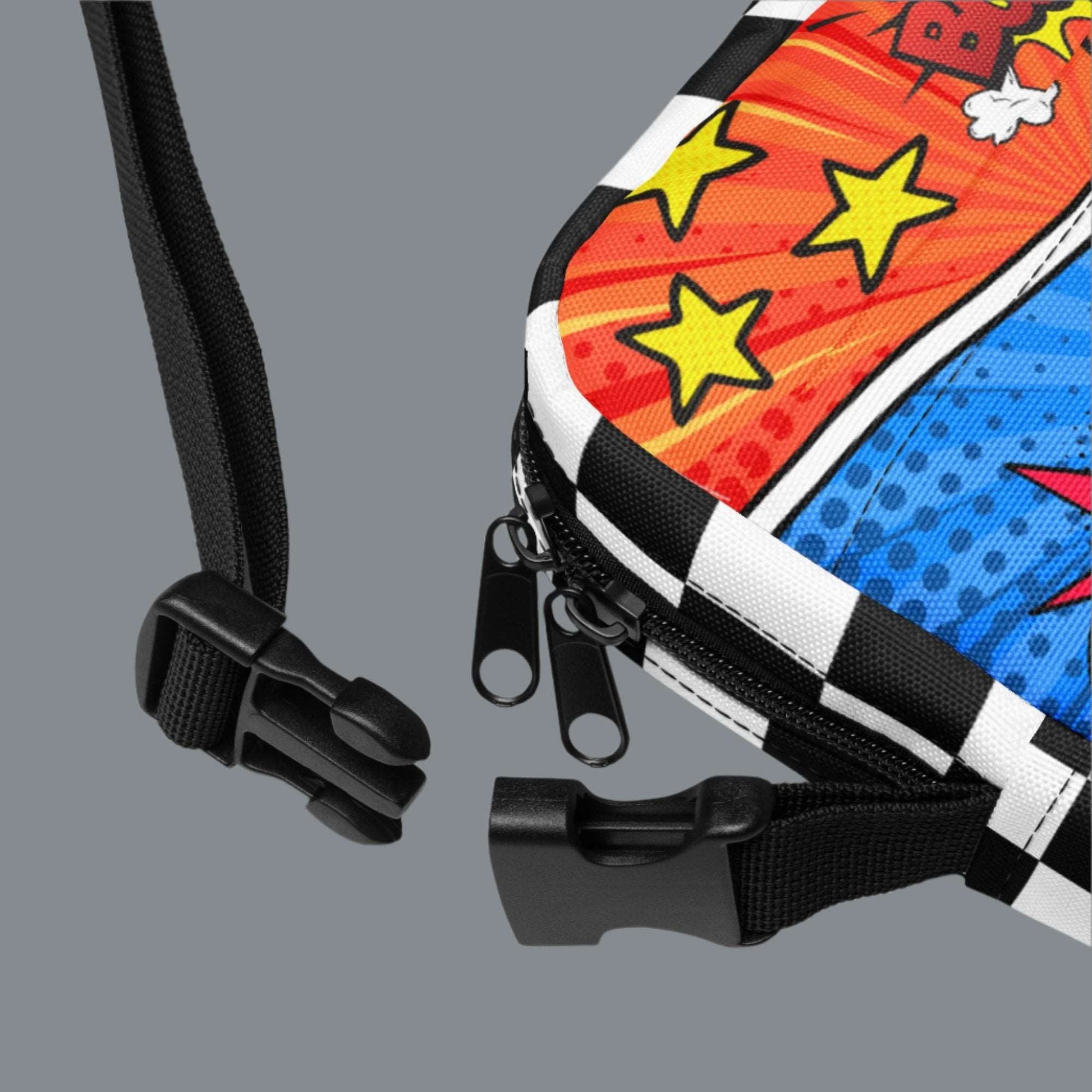 Comic Book Crossbody Bag, Comic Con Convention Small Tote, Cosplay Fanny Pack, Music Festival Sling Pouch, Waist Hip Pouch Boy Gift. This small canvas camera bag features comic book graphics in red, blue and yellow, with the words Boom Bam Kapow.