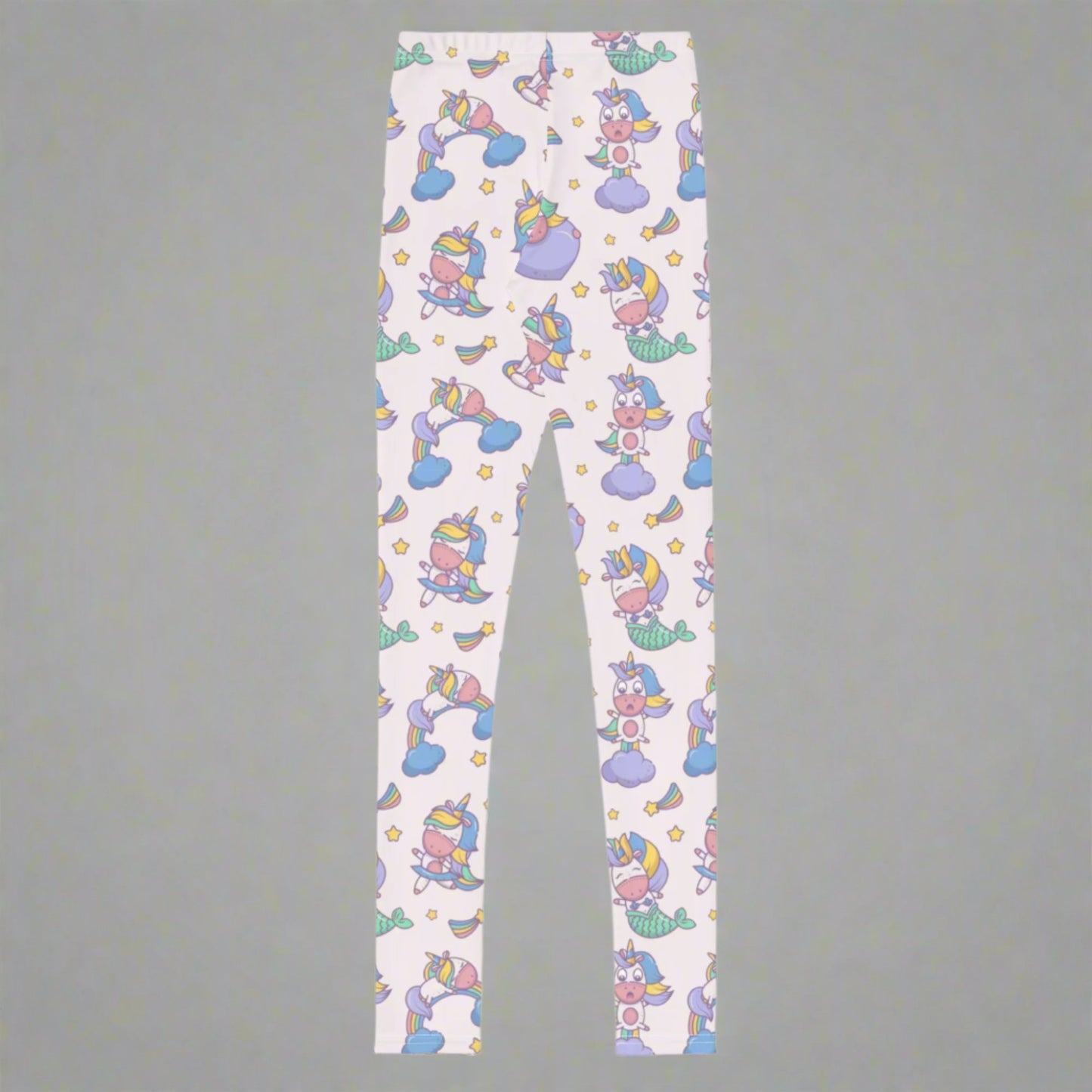 Image: Unicorn Mermaid Kawaii Girls Leggings. These pastel pink yoga pants feature a cute pattern graphic of Unicorn mermaids, stars and rainbows. The perfect birthday present, Christmas gift, school outfit for toddlers, tweens and teens, by jaecrece
