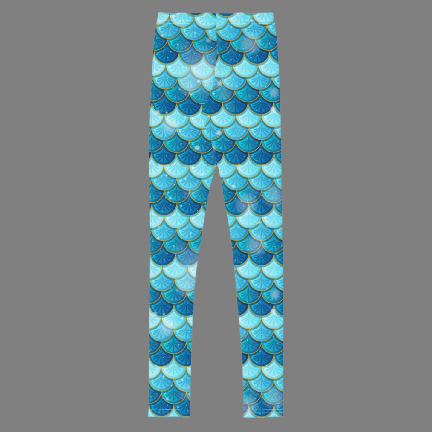 Image: Mermaid Youth Girls Leggings feature a stunning blue scale print, perfect for tweens and teens in sizes 8-20. Perfect for girls who love the mermaid aesthetic, by jaecrece