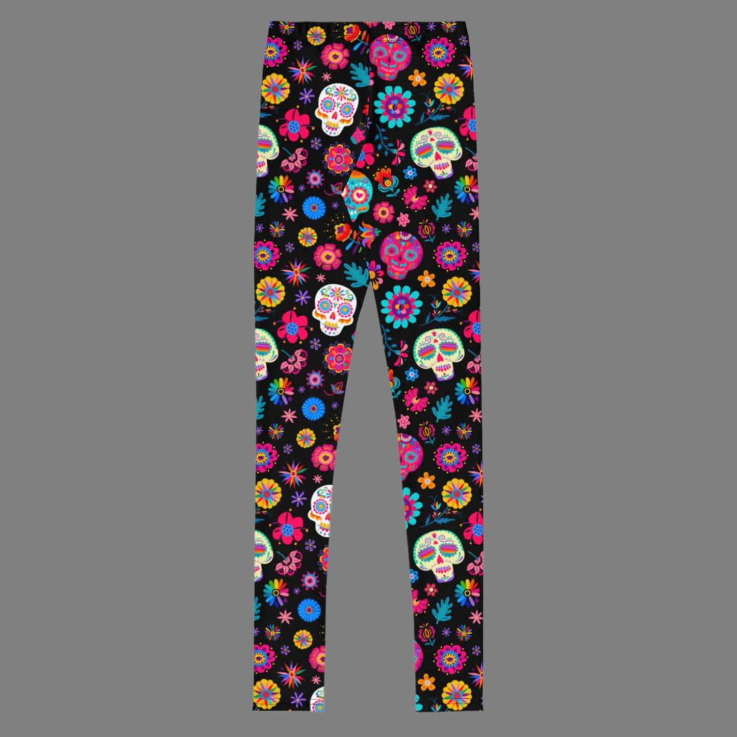 Designed for tweens and big kids, these Día de los Muertos youth leggings feature an all-over sugar skull pattern inspired by Mexican folk art. Available in sizes 8–20 and made with soft, flexible fabric, they’re perfect for dancing, school, or cultural celebrations. Part of a matching family set with toddler and women’s leggings for Day of the Dead and fall festivities.