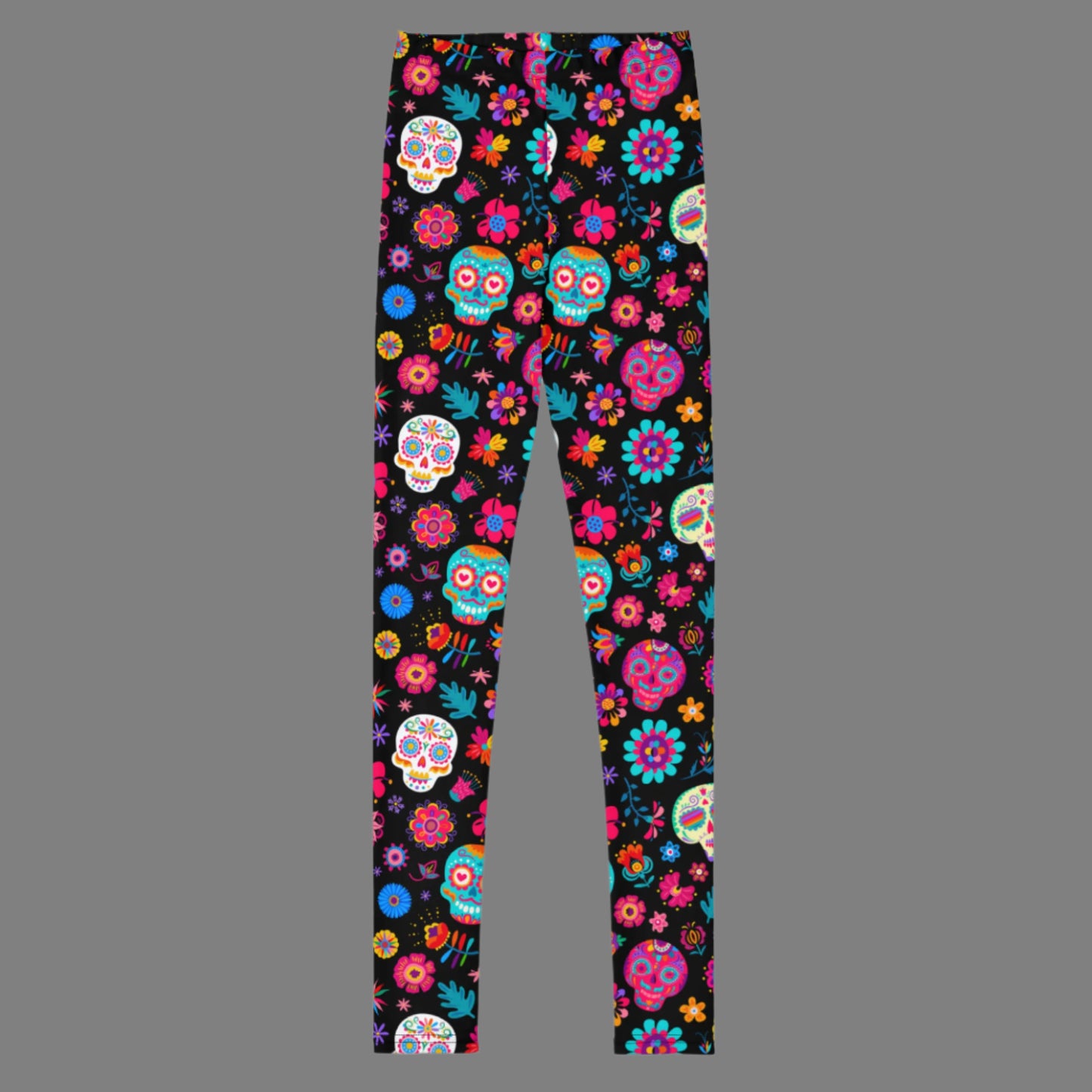 Perfect for girls, tweens, and teens, these Día de los Muertos leggings in youth sizes 8–20 feature a colorful sugar skull design ideal for Hispanic cultural events, school dress-up days, and family gatherings. Soft, stretchy, and bold, they make a statement and pair easily with coordinating toddler and women’s leggings for a matching family moment.