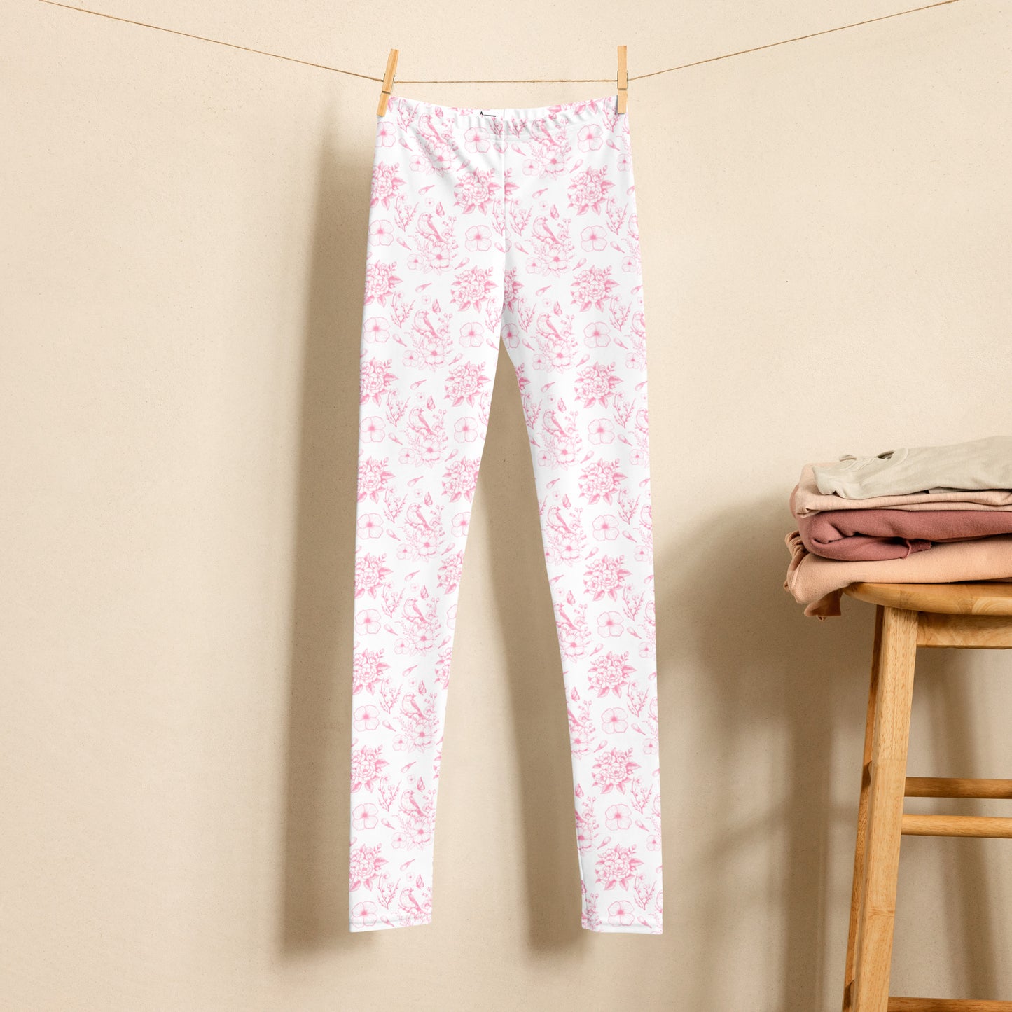 Image: Pink toile printed leggings for tweens and teens with a charming French country pattern that brings elegance to casual wear. These girls’ leggings come in youth sizes 8 to 20 and are designed for comfort and style. Ideal for cottagecore lovers, spring fashion, or family matching outfits. Perfect for Easter, portraits, or dreamy playdates, these vintage-inspired leggings are made to be loved and lived in, by jaecrece.