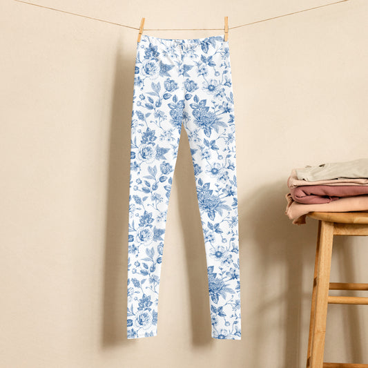 Image: Blue Toile Youth Leggings for girls, tweens, and teens in sizes 8 to 20, featuring a classic French country print perfect for everyday wear or special occasions. These vintage-inspired leggings are soft, stretchy, and stylish, ideal for back to school outfits, family matching sets, and holiday photo sessions. A great gift idea for daughters or nieces who love timeless designs with a modern fit, by jaecrece.