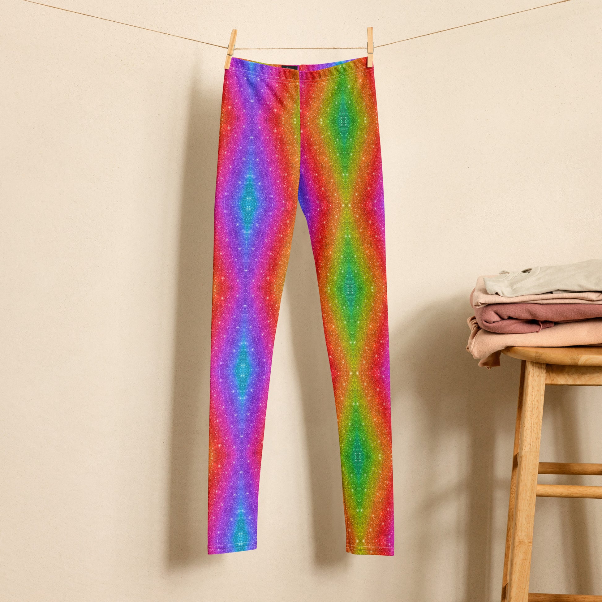 Girls' full-length leggings featuring a rainbow glitter swirl print that looks holographic and bold. Available in sizes 8–20, these stretchy leggings are ideal for colorful events like Pride, school parties, Mardi Gras, and weekend fun. Eye-catching and ultra comfy for every tween with a love for expressive fashion.