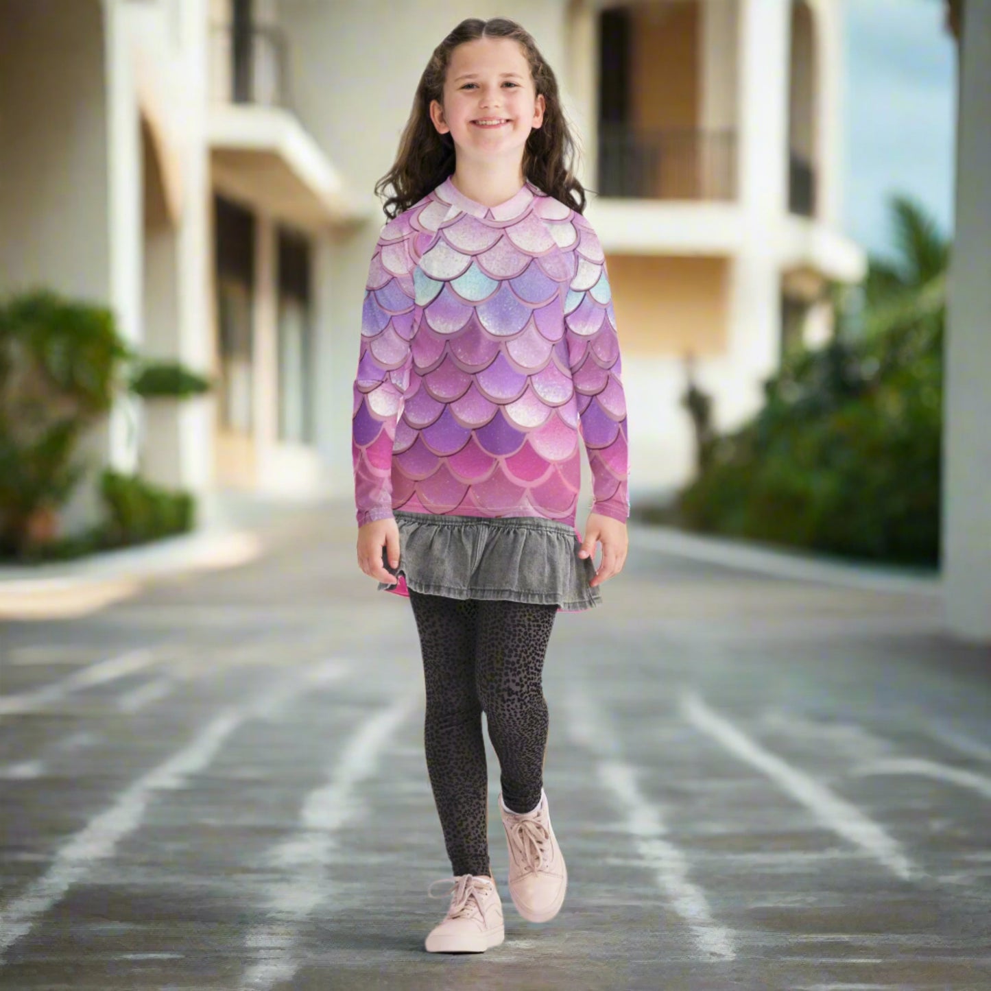 Image: Pink and Purple Mermaid Scales Girls Rash Guard. This swimwear is part of a matching family collection. Matching bathing suits also available, by jaecrece